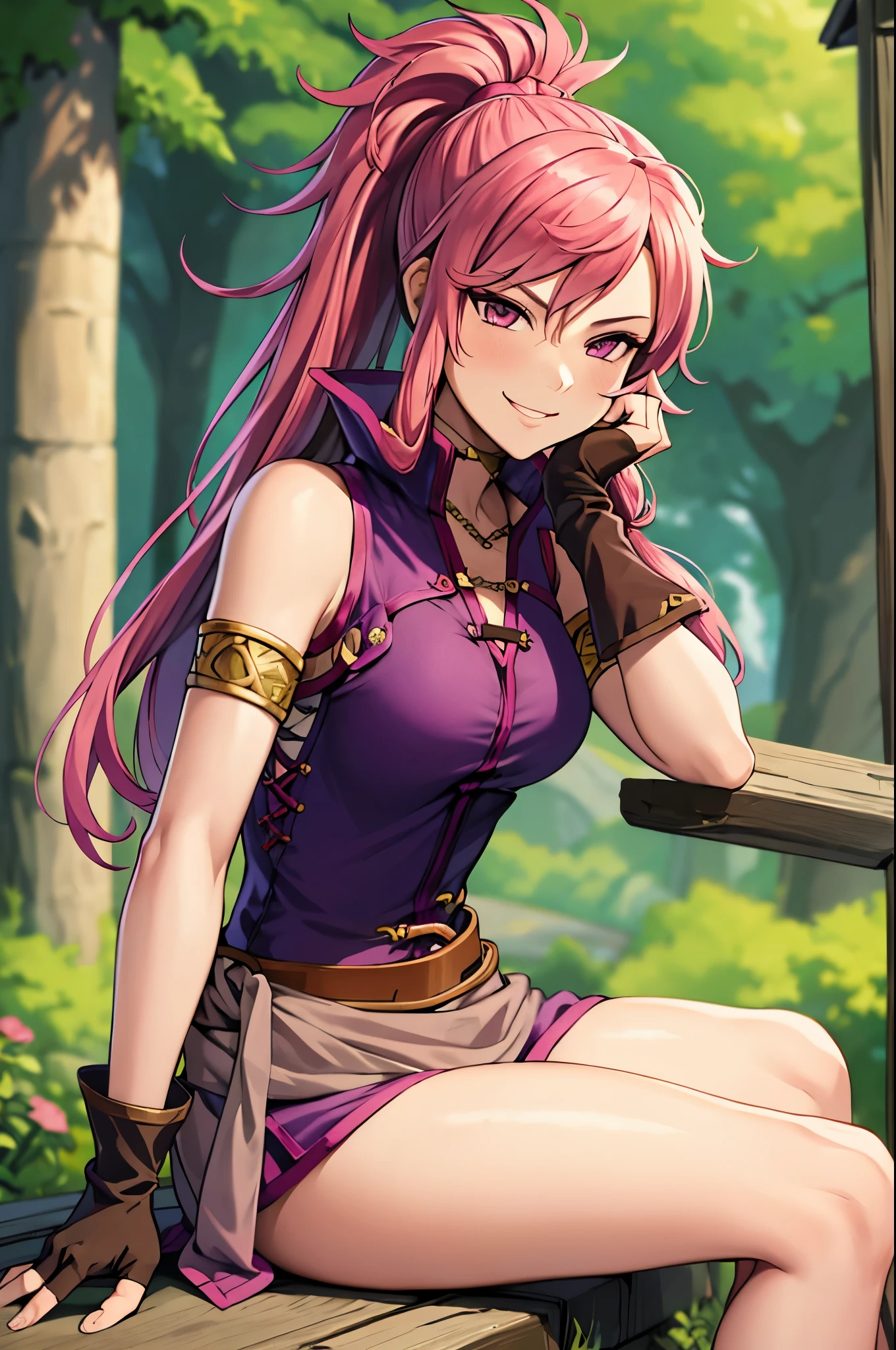 masterpiece, best quality, feMarisa, pink hair, ponytail, armlet, purple dress, see-through, belt, fingerless gloves, sitting, looking at viewer, smirk, alpine forest 