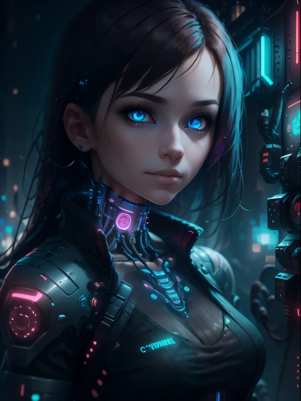 "(((A cyberpunk image of a pretty girl with cybernetic implants, with burgundy and baby blue tones, highly detailed, realistic and cinematic. The image must depict reflections in the character's eyes and luminous parts on the cybernetic parts of the body. They must also cables coming out of the body may be visible)))" - Image Type: Digital Illustration - Subject Description: A cyberpunk style digital illustration depicting a pretty girl with cybernetic implants. The image is highly detailed, realistic and has a cinematic atmosphere. The predominant tones are wine and baby blue. The illustration should emphasize reflections in the character's eyes and luminous parts in the cybernetic areas of the body. The presence of cables coming out of the body should also be visible. - Art Styles: Cyberpunk, Realism, Cinematic - Dominant Colors: Burgundy, Baby Blue - Subject Details: Girl with cybernetic implants, reflections in eyes, luminous parts on body, cables coming out of body - Rendering Techniques: Detailed Digital Illustration