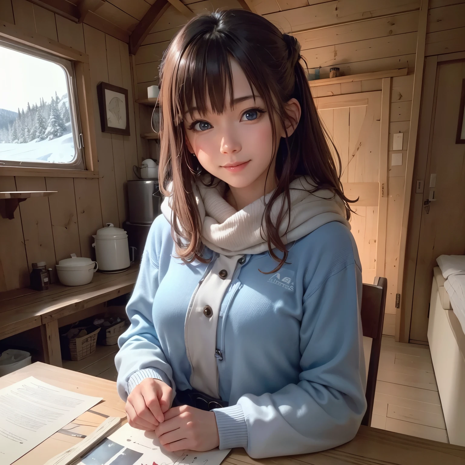 (high quality、8K、ultra hd、A mysterious and beautiful smiling woman keeping warm in a camping hut with a wood stove@、Brown hair and blue eyes、Cold nights)、 デジタルartファンタジー, fantastic countryside scenery, highly detailed landscape, soothing image、art:Alberto Seveso、抽象的なartスタイル、intricate and detailed watercolor painting、digital painting、コンセプトart、3D lighting、 tanvirtamim、metal reflection、2D rendering、artジャーム、ArtStat Trends、 great composition, ethereal fantasy, デジタルartファンタジー, 綺麗なデジタルart