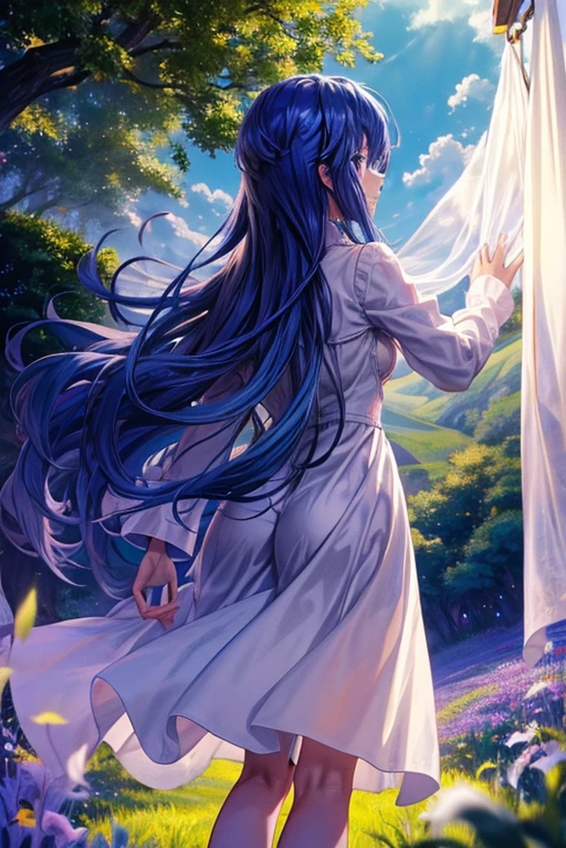 Hair color like Megurine Luka　Rear view of a girl wearing white clothes　whole body from head to toe　Farsightedness　Look at the grassland behind the curtain