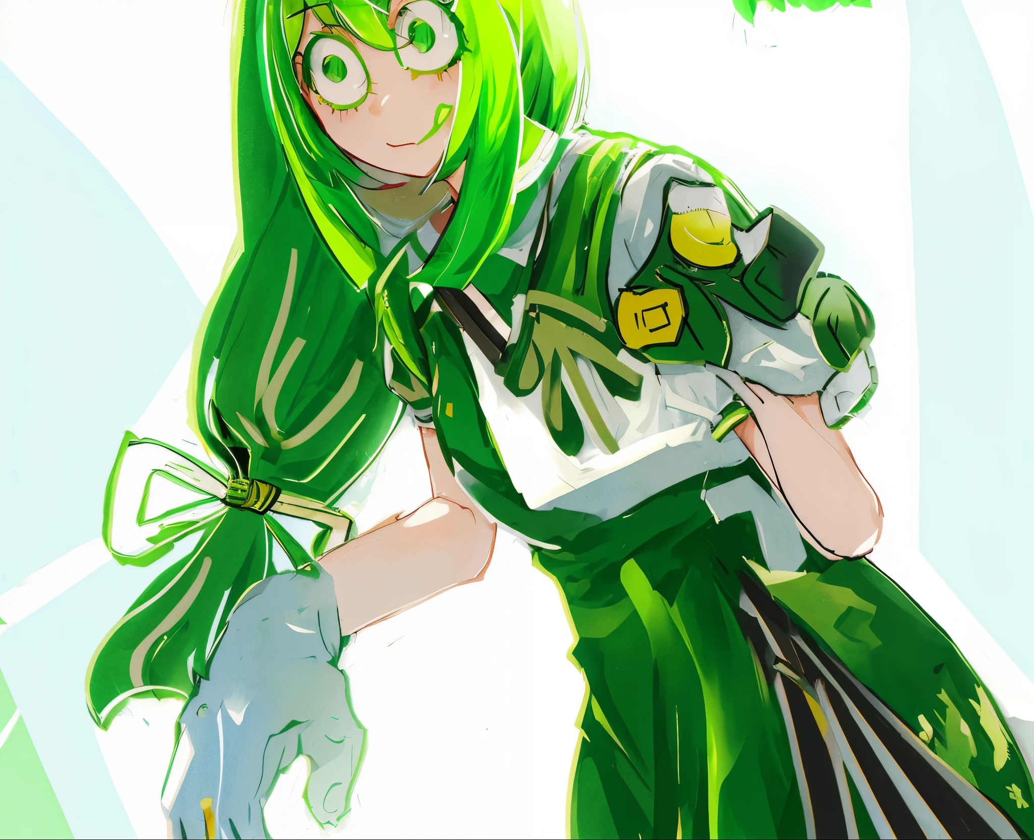 Anime girl with green hair and green dress, made in an anime artist's studio, Palutena, Asui Tsuyu, green hair