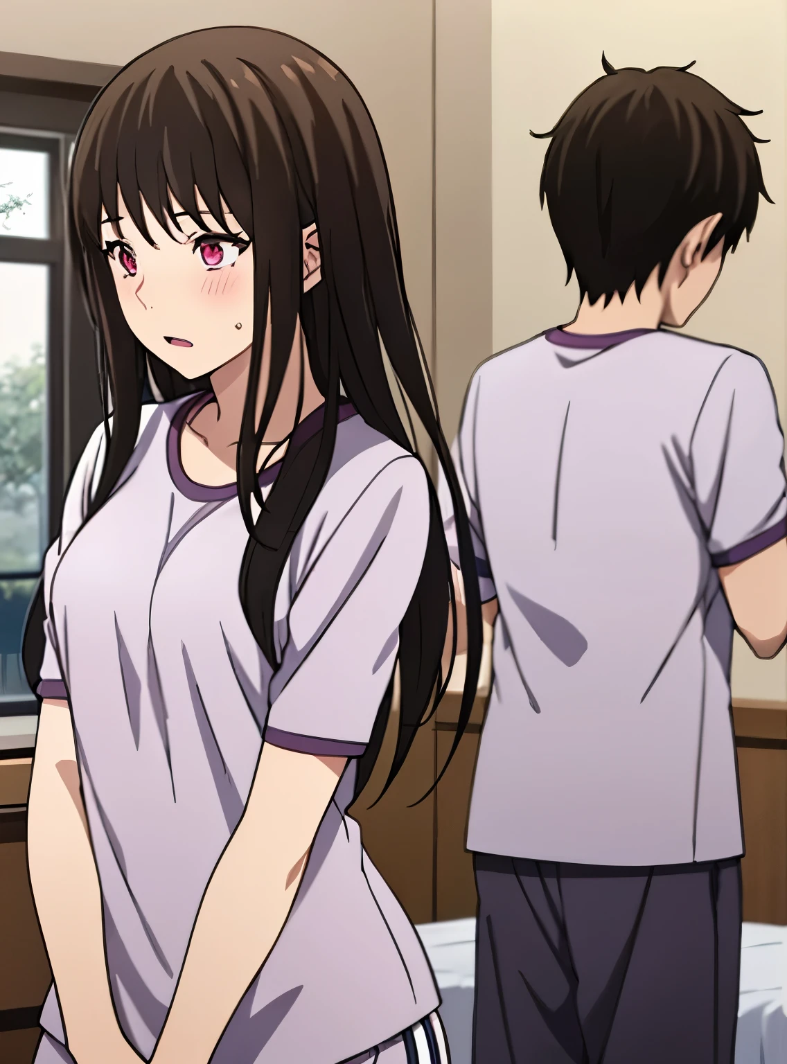 1boy, boy is behind girl, breast grope from behind, boy caressing girl's chest, 1girl, bangs, black hair, blush, breasts, medium breast, gym uniform, collarbone, blue gym shorts, white short sleeve gym shirt , indoors, night, passionate hug, lie on bed, breastgrope from behind, perfect anatomy 