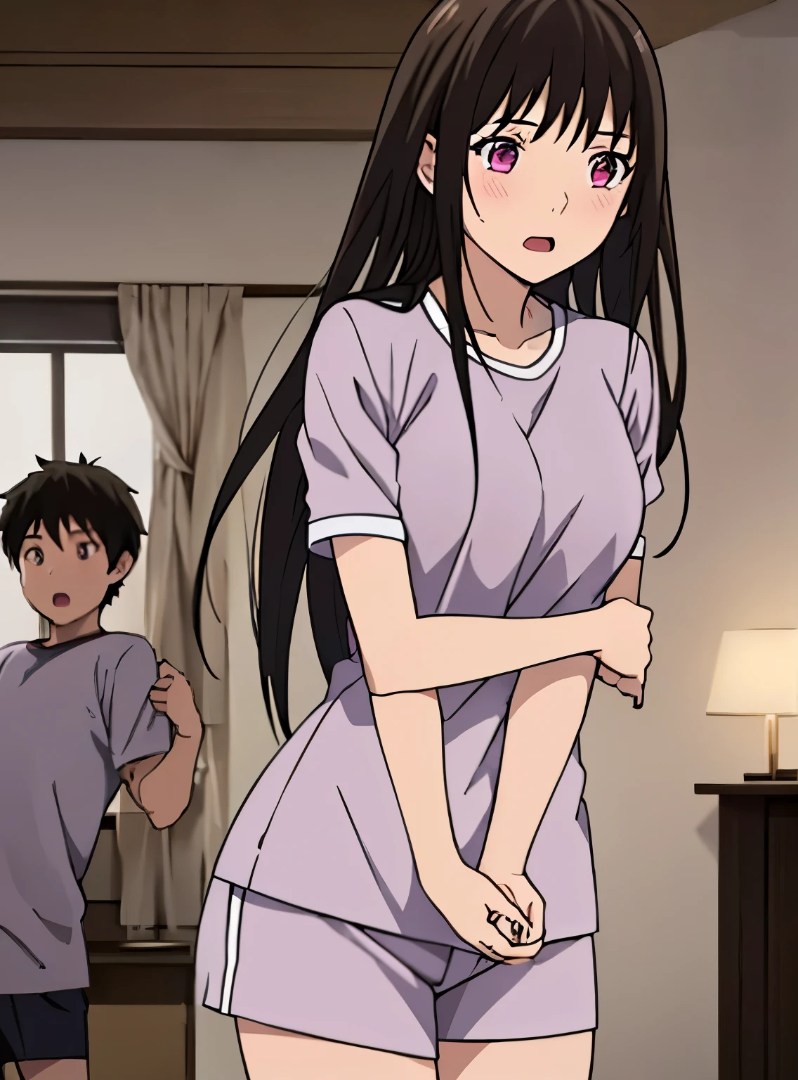 1boy, boy is behind girl, breast grope from behind, boy caressing girl's chest, 1girl, bangs, black hair, blush, breasts, medium breast, gym uniform, collarbone, blue gym shorts, white short sleeve gym shirt , indoors, night, passionate hug, lie on bed, breastgrope from behind, perfect anatomy 