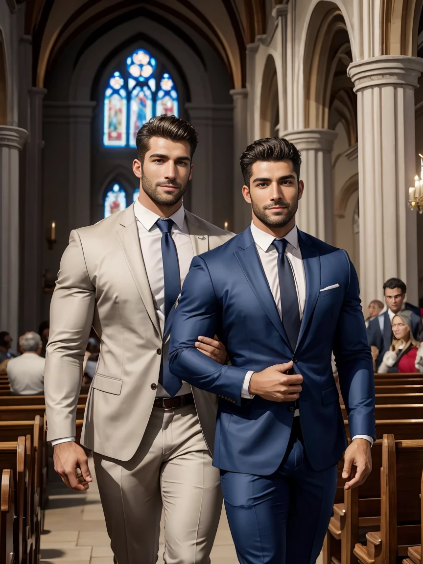 8k,8K resolution,2 Muscular Europeans, handsome man,charming eyes,dark skin,beautiful, smooth and shiny,Full muscles,Thick body hair, (wearing a stylish suit),big bag,emphasize,Two men holding roses in church,Smile happily,Two men walked out of the church happily,There are many flowers in the church,professional lighting,Professional photography,Realistic photos,realistic model,realistic art
