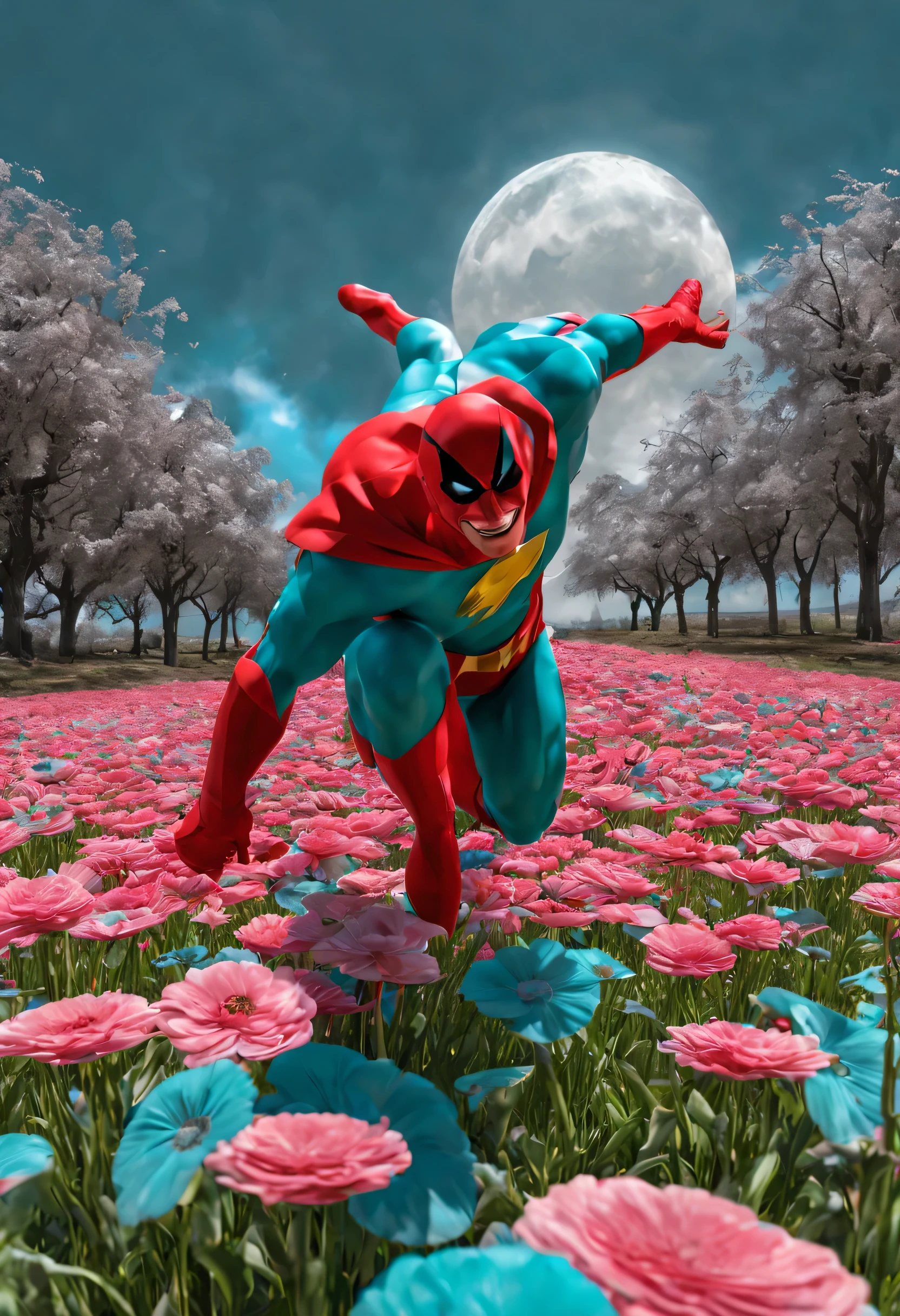 flash, Super hero, Evil smile, surrealismo, sombra projetada, anaglyph, estereograma, Atmospheric perspective, florescer, sombra projetada, Fujicolor, 8k, super detalhe, vicar, melhor qualidade, Ultra HD, obra de arte