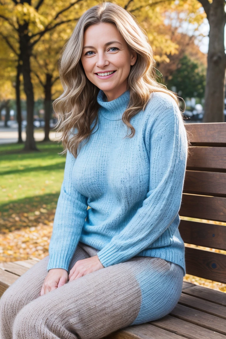 High quality, best quality, masterpiece, 2girl, 50 year old female, curves, light brown woollen jumper, long red trousers, sitting on park bench, long wavy silver hair, blue eyes. smiling. small breasts, long sleeves, she looks at the viewer.