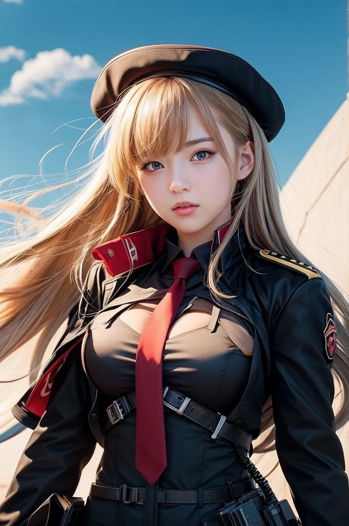 Ultra realistic, girl in uniform with red tie and black jacket, fine details. girls frontline, girls frontline style, from girls frontline, girls frontline cg, girls frontline universe, kantai collection style, girls frontline, best anime 4k konachan wallpaper, anime style 4 k, female anime character, female action anime girl, portrait of a female anime hero, azur lane style