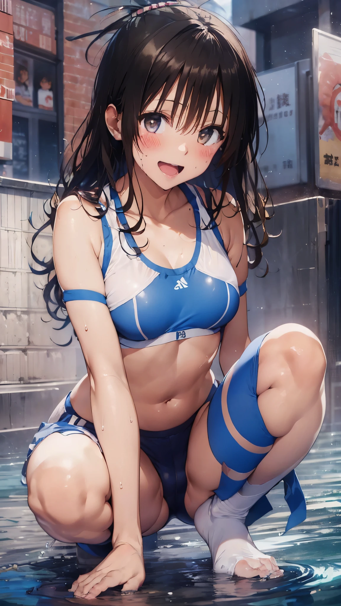 1 female,black hair,(()),(((White and blue sports bra and shorts)))(((blush、open mouth smile)),(((Yuki Mikan))),crowd(Baby girl bohape)(((small breasts)))squat,((wet with sweat))Outside playground,Mansuji