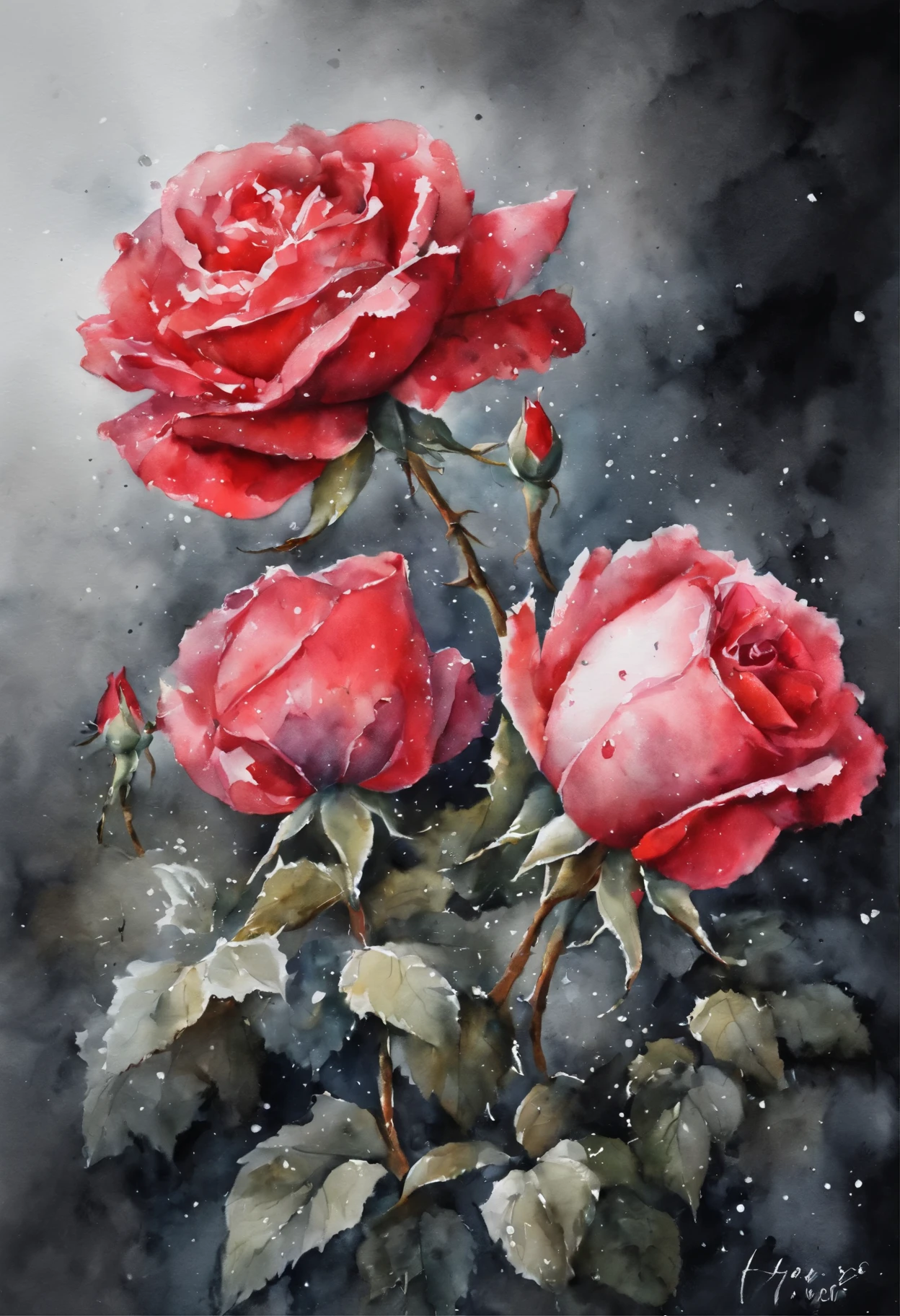 HD，masterpiece，Official artistic aesthetics。(((watercolor painting：1.37.ink：1.2))).(((winter，A red rose covered with snow，snow on petals)))。Watercolor paper overlay texture，Wet painting method，splash，Water marks。dark background，Large aperture，facula，contrast between warm and cold，perfect composition。artistic creativity：1.37。famous，International award-winning works。