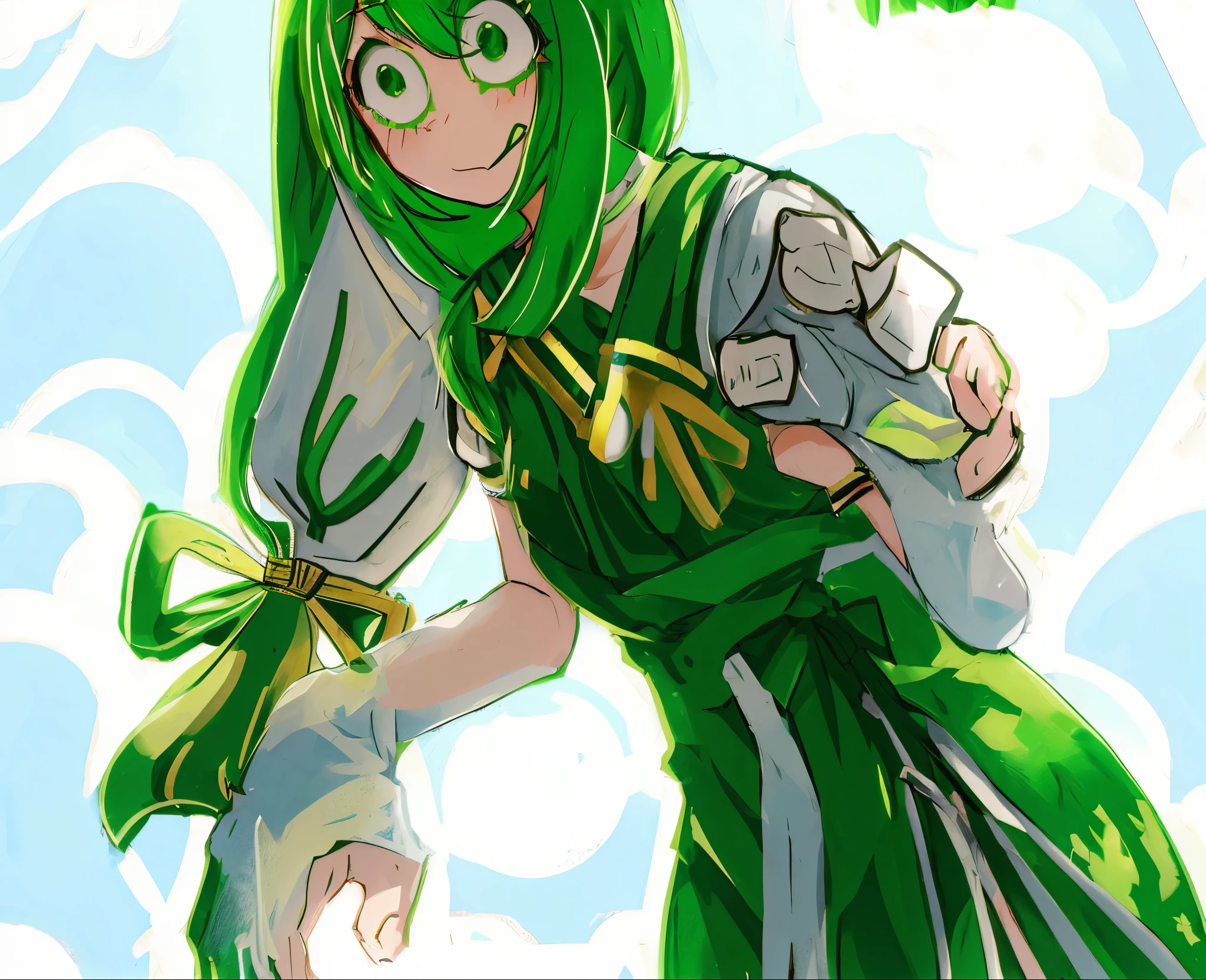 Anime girl with green hair and green dress, made in an anime artist's studio, Palutena, Asui Tsuyu, green hair