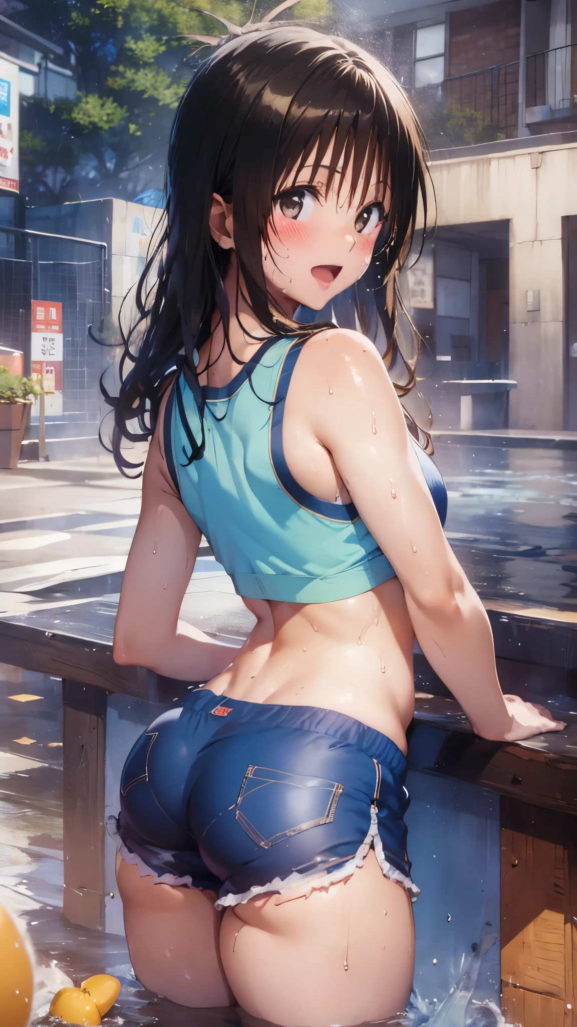 1 female,black hair,((************)),(((White and blue sports bra and shorts)))(((blush、open mouth smile)),(((Yuki Mikan))),crowd(Baby girl body shape)(((small breasts)))Look back and look back,((wet with sweat))Outside playground,Mansuji