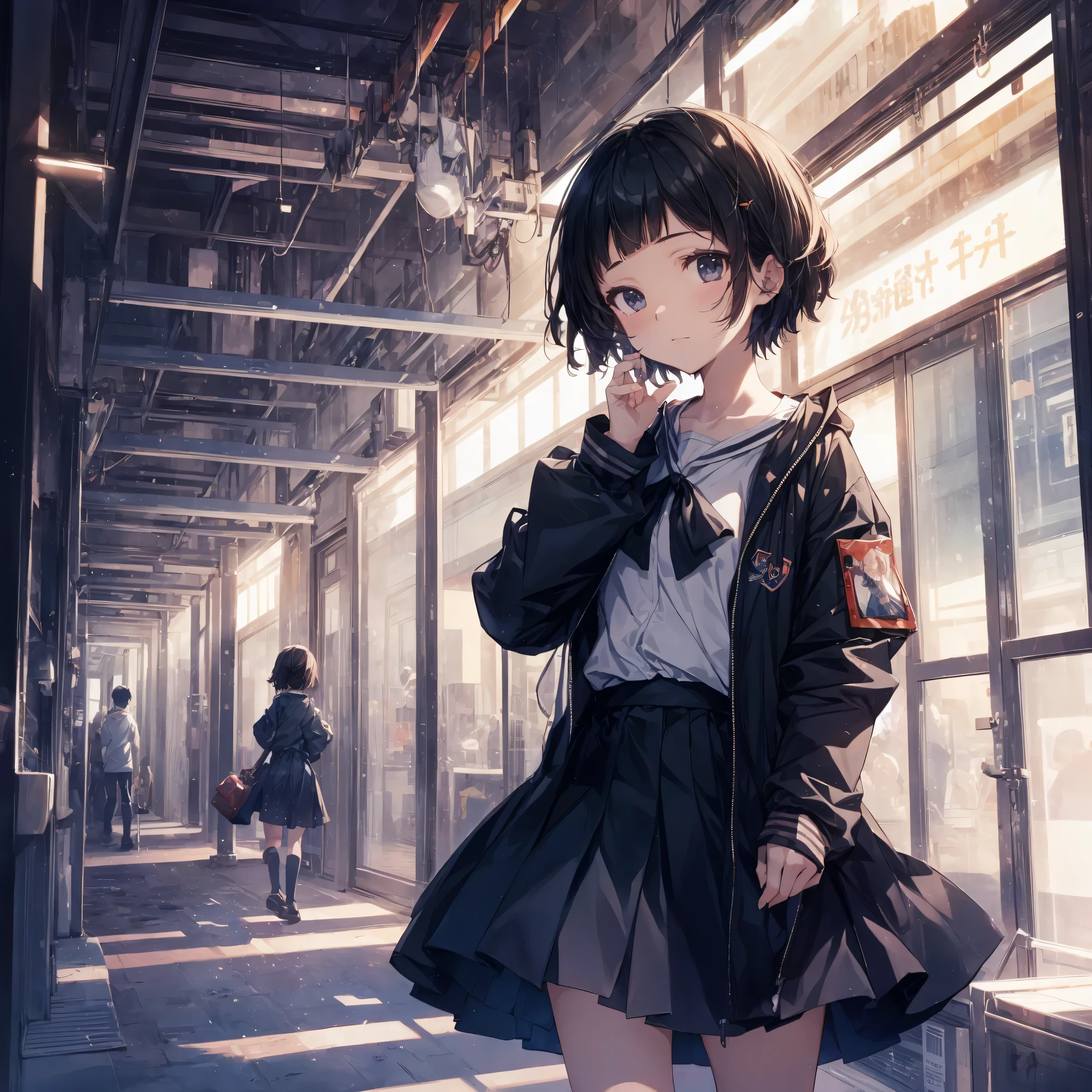 Super high quality by the art god, super detailed, High resolution, Ilya Kubshinov style, anime moe art style, best anime 8K konachan wallpaper, pixiv contest winner, perfect anatomy, break,(眠そうにalone学校へ行く女の子を描いてください. ),break, surreal high school girl, (alone,change, child,:1.3),All limbs, full finger,Middle schoos charm, ((((Ultra short hair)))), blunt short bangs, bowl cut hair, flat and soft chest, small ass, between legs, small eyes,beautiful detailed black eyes, Well-proportioned iris and pupils, Expressionless, High resolutionの詳細な髪, school uniform, (skirt), On the way to school. break,super dense skin, Best lighting by famous artists, 8K, figure,