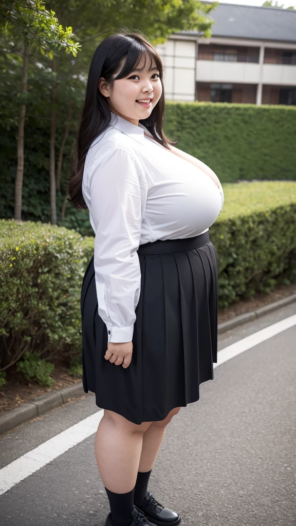 realistic depiction、super obeseのjapanese woman、super obese、super big breasts、Weight 300kg、very fat woman、Fat woman wearing a white collared shirt、black bra、japanese woman、laughter、Tight Skirt、outdoor、a bit、little woman、His height is only 145cm、Cute with short legs GoPro camera, super obese, gigantic tits, monster butts, plain underwear, daytime,
