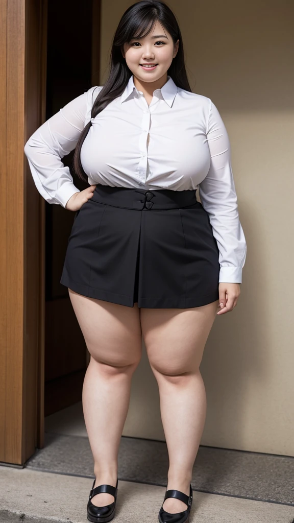 realistic depiction、super obeseのjapanese woman、super obese、super big breasts、Weight 300kg、very fat woman、Fat woman wearing a white collared shirt、black bra、japanese woman、laughter、Tight Skirt、outdoor、a bit、little woman、His height is only 145cm、Cute with short legs GoPro camera, super obese, gigantic tits, monster butts, plain underwear, daytime,