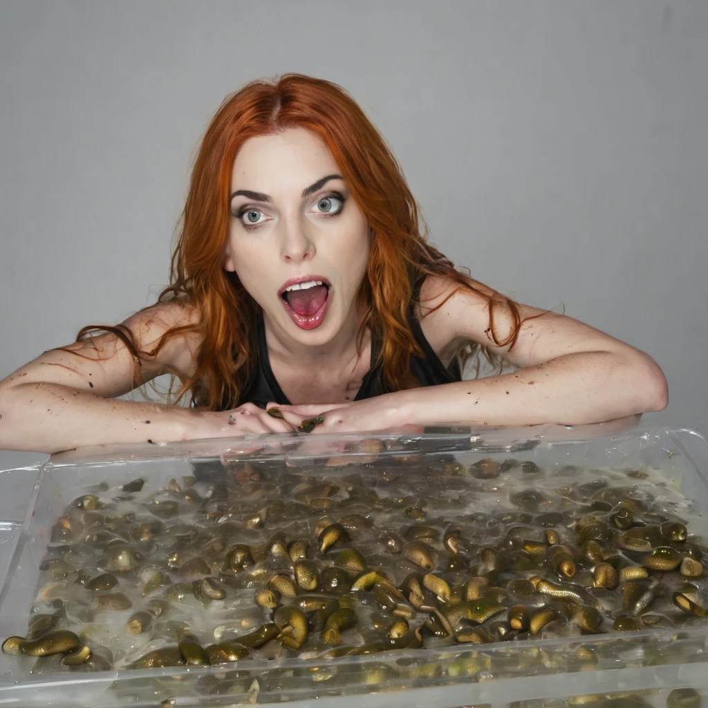 (((hot white woman in a clear box full of slugs))), (((Full length view))), (((orgasm))) (((tounge out))), (((overflowing mouthful of slugs ))), (((clear slime in mouth))), (((slugs in her mouth))) 1.2, ((slugs covering her body)), red hair, eyes open