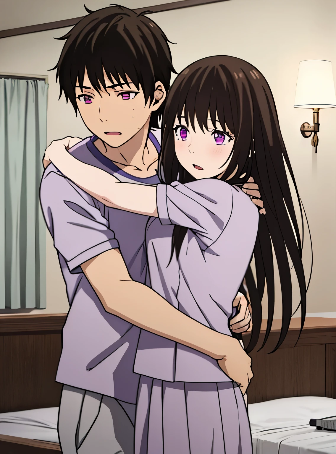 1boy, boy is behind girl, breast grope from behind, boy caressing girl's chest, 1girl, purple eyes, bangs, black hair, blush, breasts, medium breast, gym uniform, collarbone, blue gym shorts, white short sleeve gym shirt , indoors, night, passionate hug, lie on bed, breastgrope from behind