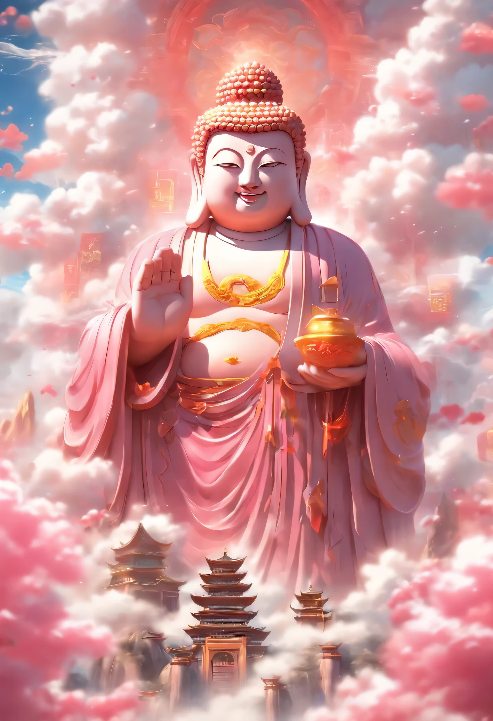 ((table top)),(最high quality)),Chinese style,In the sky, The clouds form a huge transparent shiny white jade Maitreya Buddha statue,thick clouds,and the sun was shining brightly,Pilgrims on the road,surreal,super realistic,pink,8K,High resolution,high quality,works of masters,super fine,(((OC renderer)))