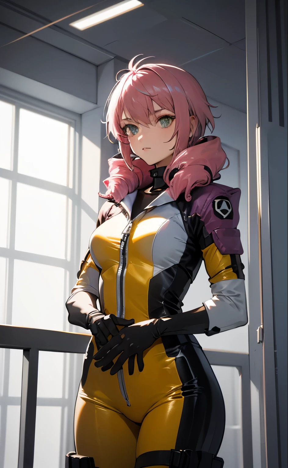 masterpiece, best quality, 1girl, short hair, drill hair, pink platinum hair, yellow space suit, white collar, gray gloves, 