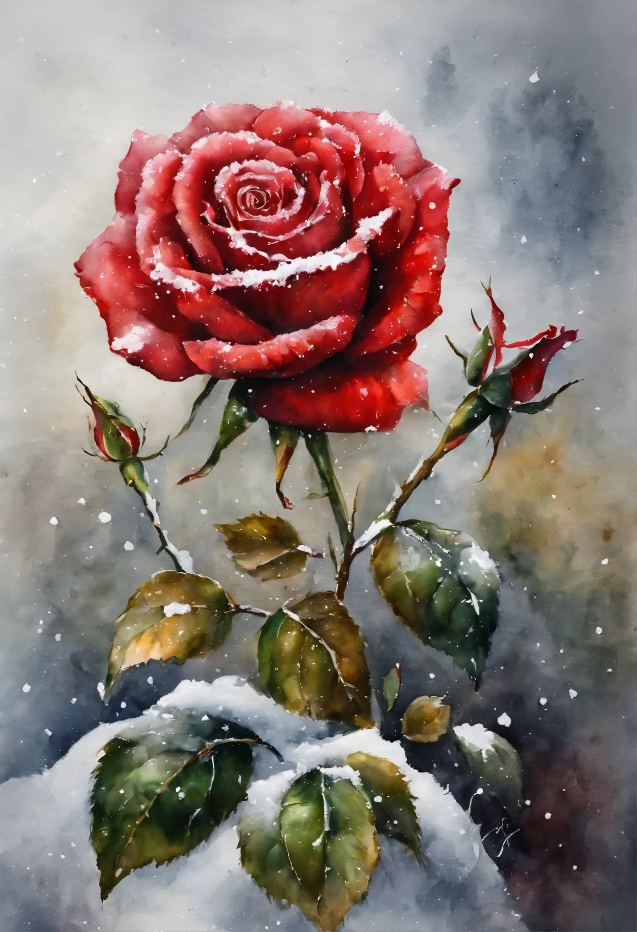 HD，masterpiece，Official artistic aesthetics。(((watercolor painting：1.37.ink：1.2))).(((winter，A red rose covered with snow，snow on petals)))。Watercolor paper overlay texture，Wet painting method，splash，Water marks。dark background，Large aperture，facula，contrast between warm and cold，perfect composition。artistic creativity：1.37。famous，International award-winning works。
