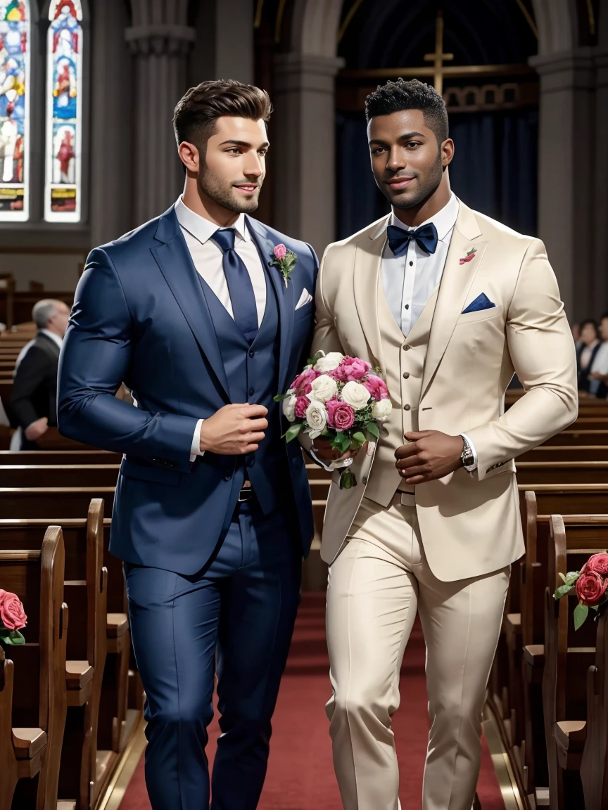 8k,8K resolution,2 Muscular Europeans, handsome man,charming eyes,dark skin,beautiful, smooth and shiny,Full muscles,Thick body hair, (wearing a stylish suit),big bag,emphasize,Two men holding roses in church,Smile happily,Everyone witnesses two men exchanging rings,There are many flowers in the church,professional lighting,Professional photography,Realistic photos,realistic model,realistic art