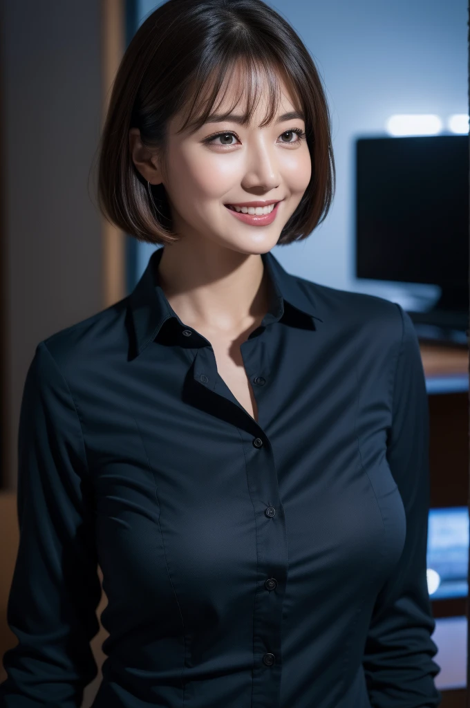 (8K, highest quality, masterpiece:1.2), (realistic, photo-realistic:1.37), super detailed, 1 girl,cute, alone,beautiful and detailed sky,Detailed Office,night,sitting,(blush your nose),(smile:1.15),(closed mouth) , big breasts,beautiful and fine eyes,(collared shirt:1.1), night, Wet, business suit, rain, (short hair:1.2), Pueros face_v1, computer, finger details, beautiful detailed face, Top Unbuttoned Shirt, (whole body :1.5)