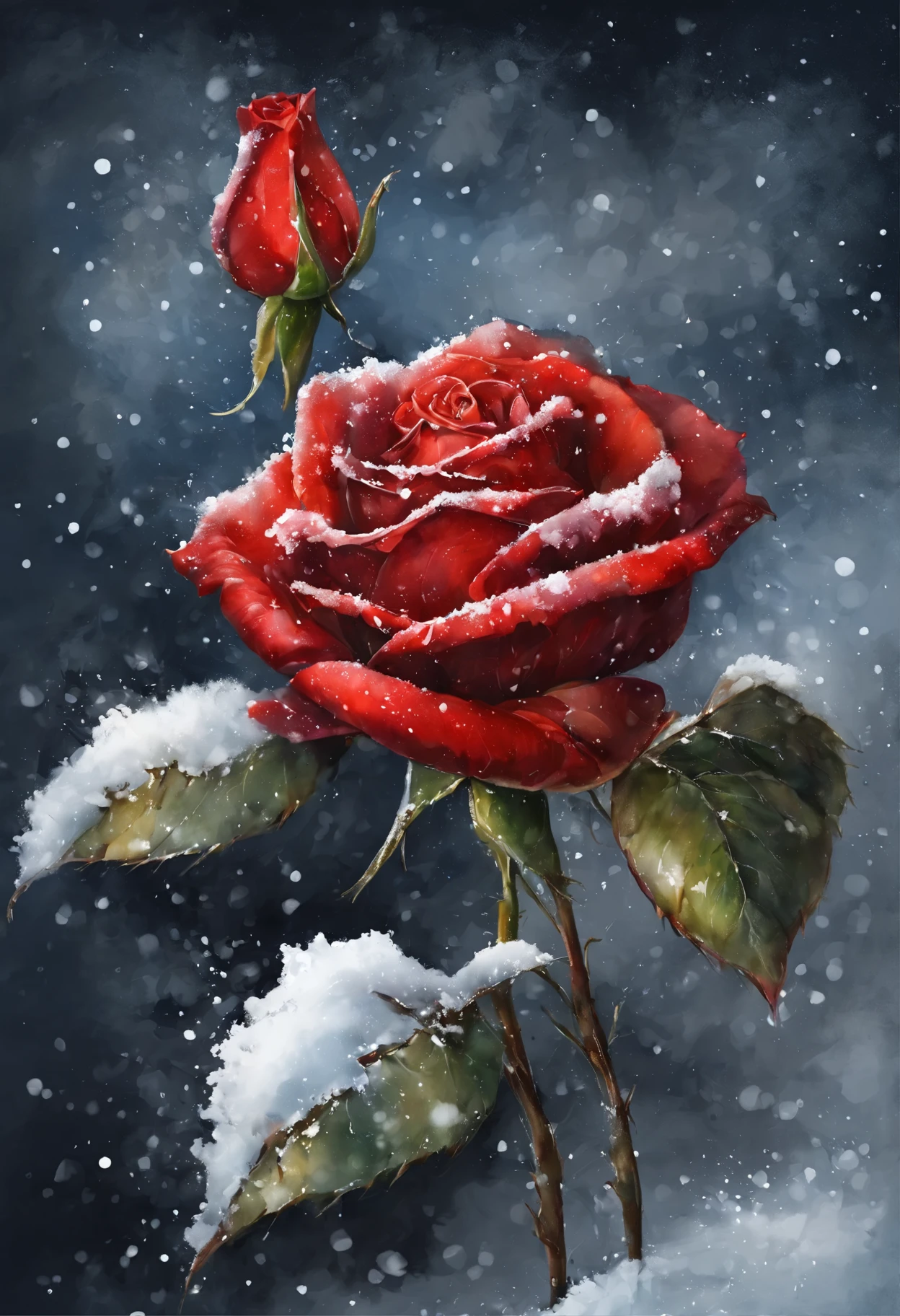 HD，masterpiece，Official artistic aesthetics。(((watercolor painting：1.37.ink：1.2))).(((winter，A red rose covered with snow，snow on petals)))。Watercolor paper overlay texture，Wet painting method，splash，Water marks。dark background，Large aperture，facula，contrast between warm and cold，perfect composition。artistic creativity：1.37。famous，International award-winning works。