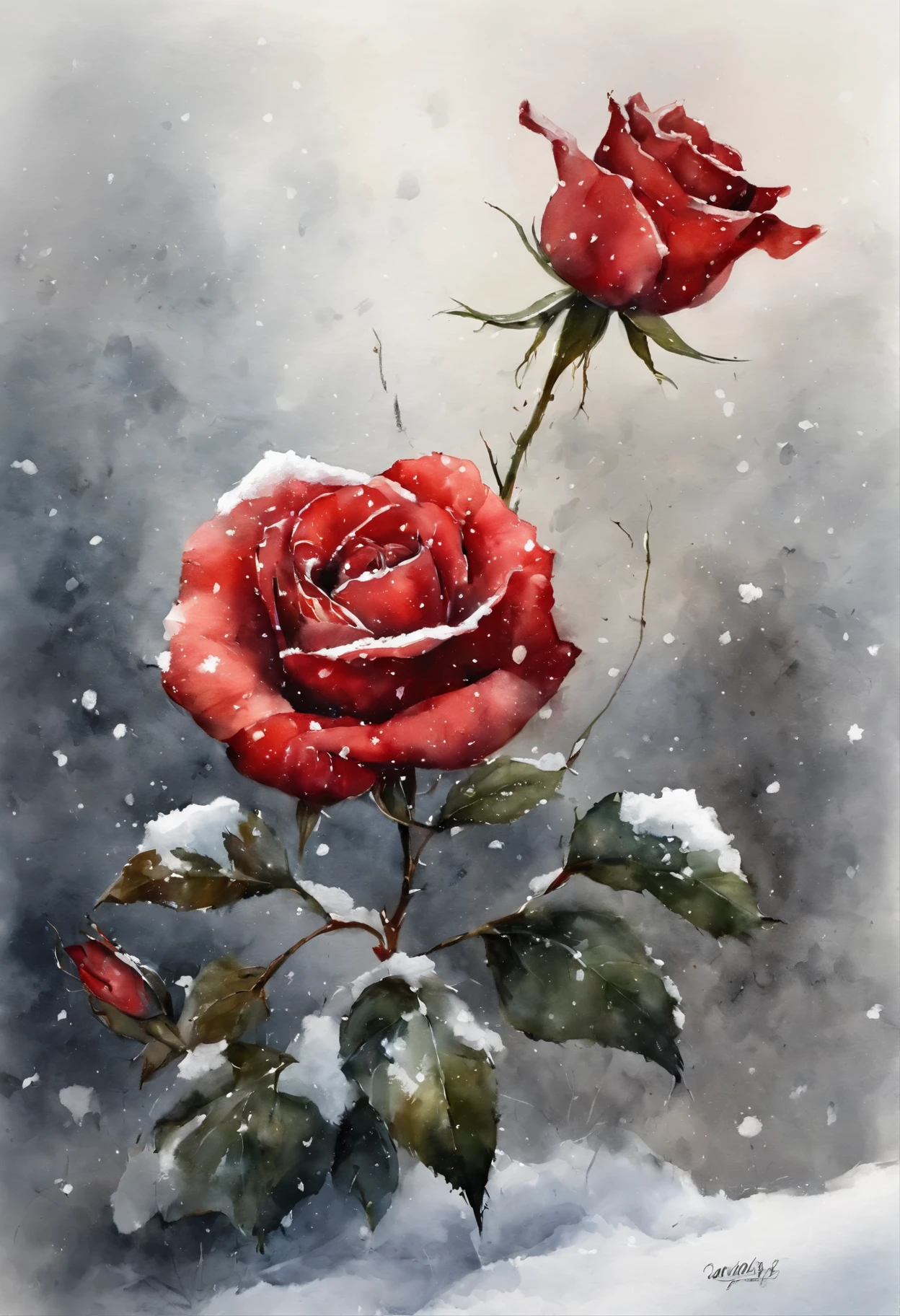 HD，masterpiece，Official artistic aesthetics。(((watercolor painting：1.37.ink：1.2))).(((winter，A red rose covered with snow，snow on petals)))。Watercolor paper overlay texture，Wet painting method，splash，Water marks。dark background，Large aperture，facula，contrast between warm and cold，perfect composition。artistic creativity：1.37。famous，International award-winning works。