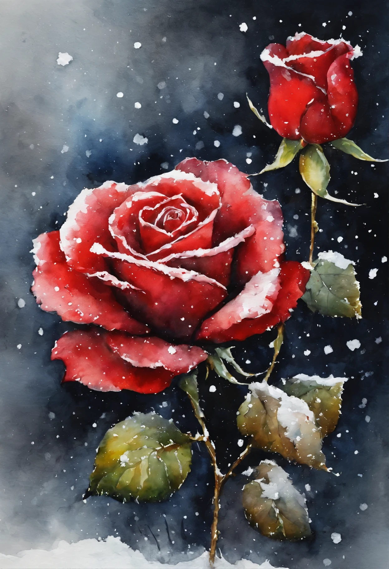 HD，masterpiece，Official artistic aesthetics。(((watercolor painting：1.37.ink：1.2))).(((winter，A red rose covered with snow，snow on petals)))。Watercolor paper overlay texture，Wet painting method，splash，Water marks。dark background，Large aperture，facula，contrast between warm and cold，perfect composition。artistic creativity：1.37。famous，International award-winning works。