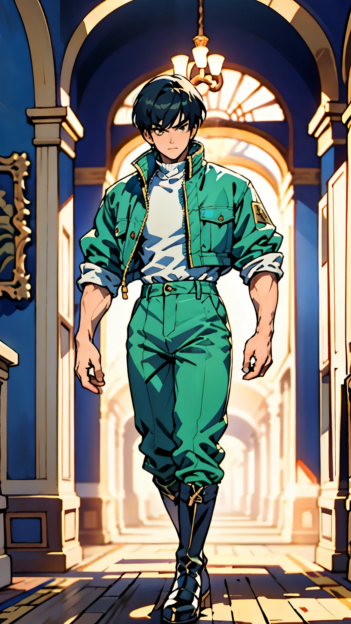 In the backdrop of an ancient fantasy-reality setting, a youth sporting a platinum crew cut displays a piercing gaze and confident demeanor. Adorned in a two-piece fusion outfit, seamlessly blending Western and Eastern influences, he wears a snug dark top paired with a vibrant yellow-blue short jacket. The lower half features loose white utility pants, and his sturdy long boots echo through the corridors of an antiquated architectural landscape. The overall aesthetic captures the essence of a refined and mature anime-inspired rogue, symmetrical face, extremely detailed eyes and face, high quality eyes, high definition, highres, ultra-fine painting, exquisite and mature, extremely delicate, professional, anatomically correct, creativity, UHD, HDR, 32k, Natural light, cinematic lighting, best shadow, masterpiece-anatomy-perfect, best quality, masterpiece, ultra-detailed
