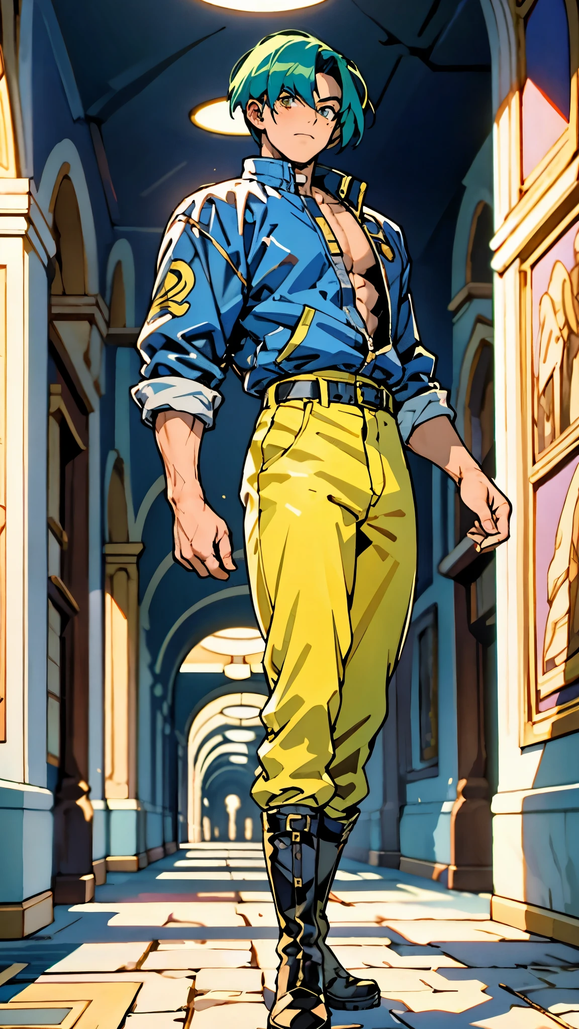 In the backdrop of an ancient fantasy-reality setting, a youth sporting a platinum crew cut displays a piercing gaze and confident demeanor. Adorned in a two-piece fusion outfit, seamlessly blending Western and Eastern influences, he wears a snug dark top paired with a vibrant yellow-blue short jacket. The lower half features loose white utility pants, and his sturdy long boots echo through the corridors of an antiquated architectural landscape. The overall aesthetic captures the essence of a refined and mature anime-inspired  rogue, symmetrical face, extremely detailed eyes and face, high quality eyes, high definition, highres, ultra-fine painting, exquisite and mature, extremely delicate, professional, anatomically correct, creativity, UHD, HDR, 32k, Natural light, cinematic lighting, best shadow, masterpiece-anatomy-perfect, best quality, masterpiece, ultra-detailed