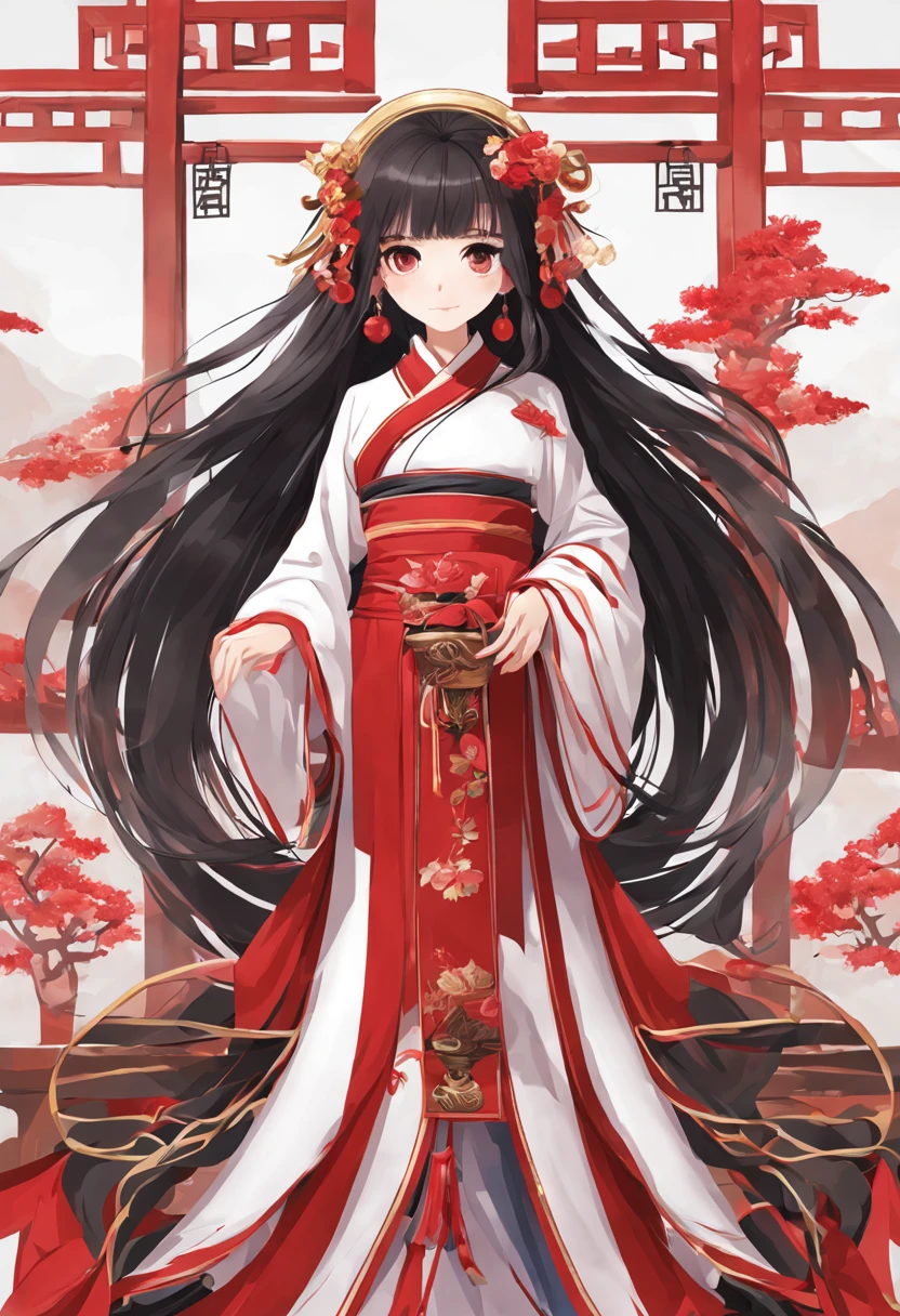 girl，long black hair，Traditional Chinese clothing，role conception，front，upright，red clothes，no background