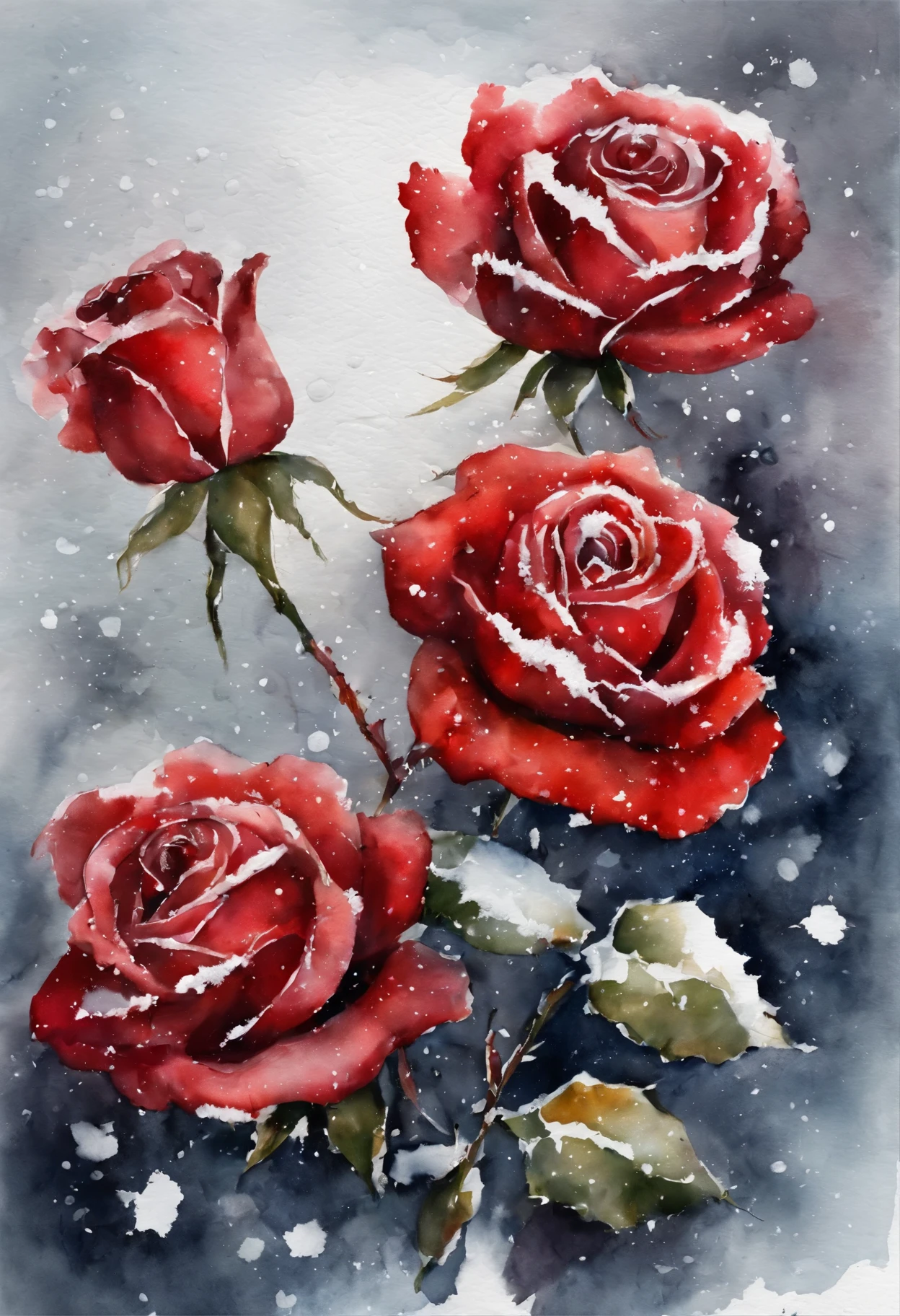 HD，masterpiece，Official artistic aesthetics。(((watercolor painting：1.37.ink：1.2))).(((winter，A red rose covered with snow，snow on petals)))。Watercolor paper overlay texture，Wet painting method，splash，Water marks。dark background，Large aperture，facula，contrast between warm and cold，perfect composition。artistic creativity：1.37。famous，International award-winning works。