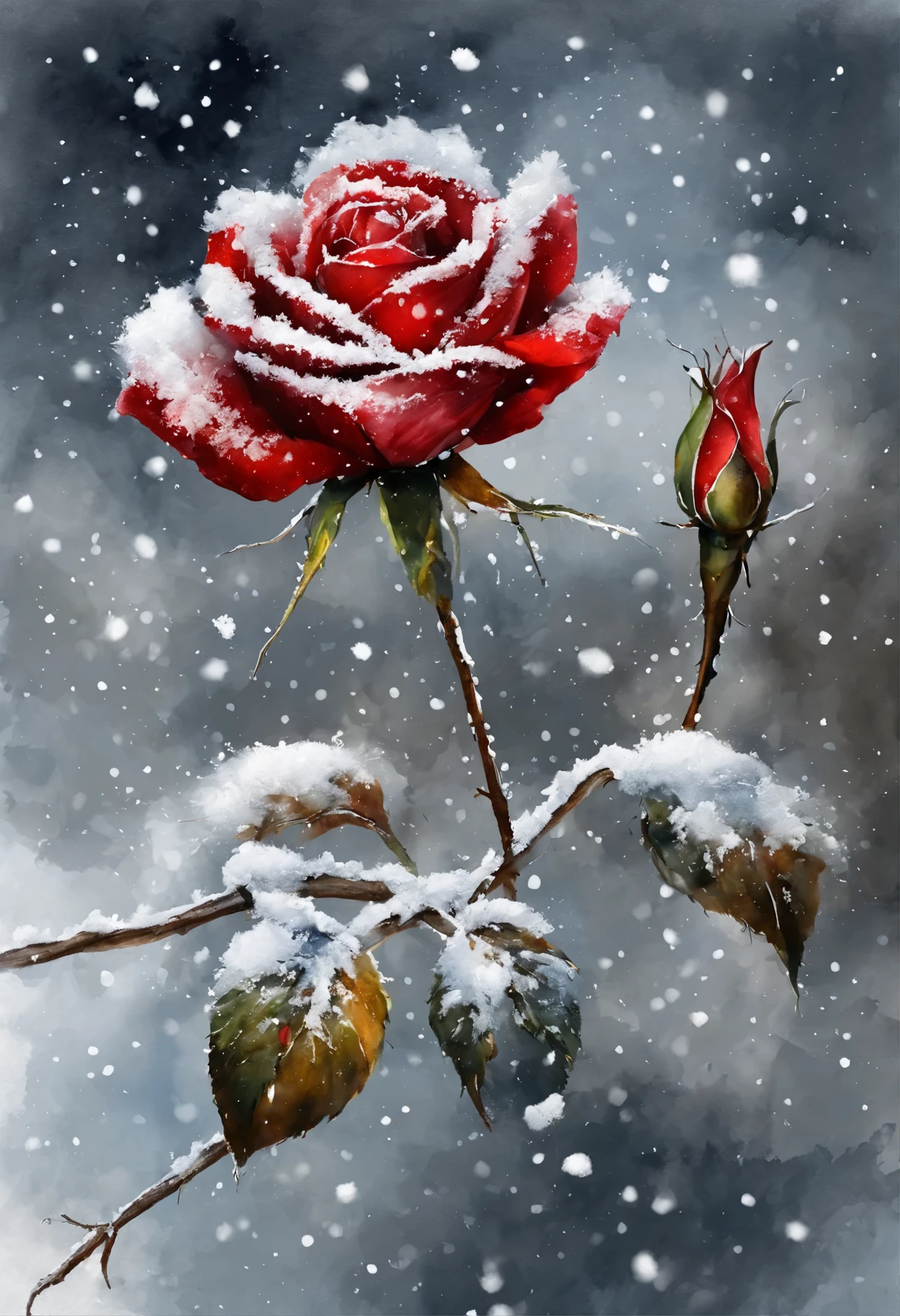 HD，masterpiece，Official artistic aesthetics。(((watercolor painting：1.37.ink：1.2))).(((winter，A red rose covered with snow，snow on petals)))。Watercolor paper overlay texture，Wet painting method，splash，Water marks。dark background，Large aperture，facula，contrast between warm and cold，perfect composition。artistic creativity：1.37。famous，International award-winning works。