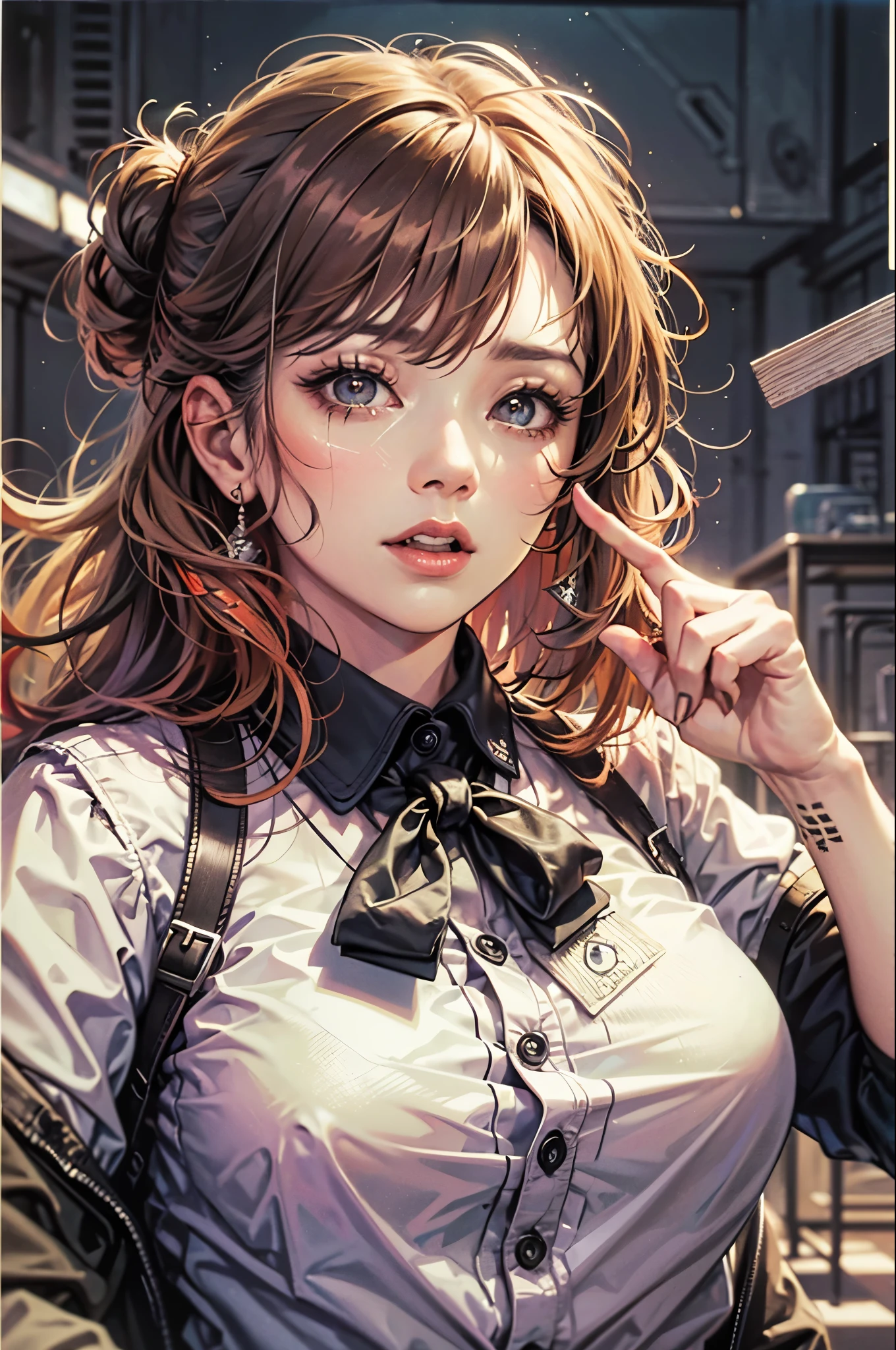 an asian woman，(SFW), (artwork:1.2), better quality, artwork, high resolution, The original, Very detailed wallpaper, (Super detailed), (Best Illustration), (best shade), (kobeni), plump, Straight breasts, (white collar shirt), (blood stains:1.1), (Freak out:1.2), (black tie), (Shirt stains), (patches), 1 girl, looking at the audience, (scared:1.2), (tears:1.1), (brown eyes), (peace sign),language out, language, Heart-shaped pupils --auto --s2