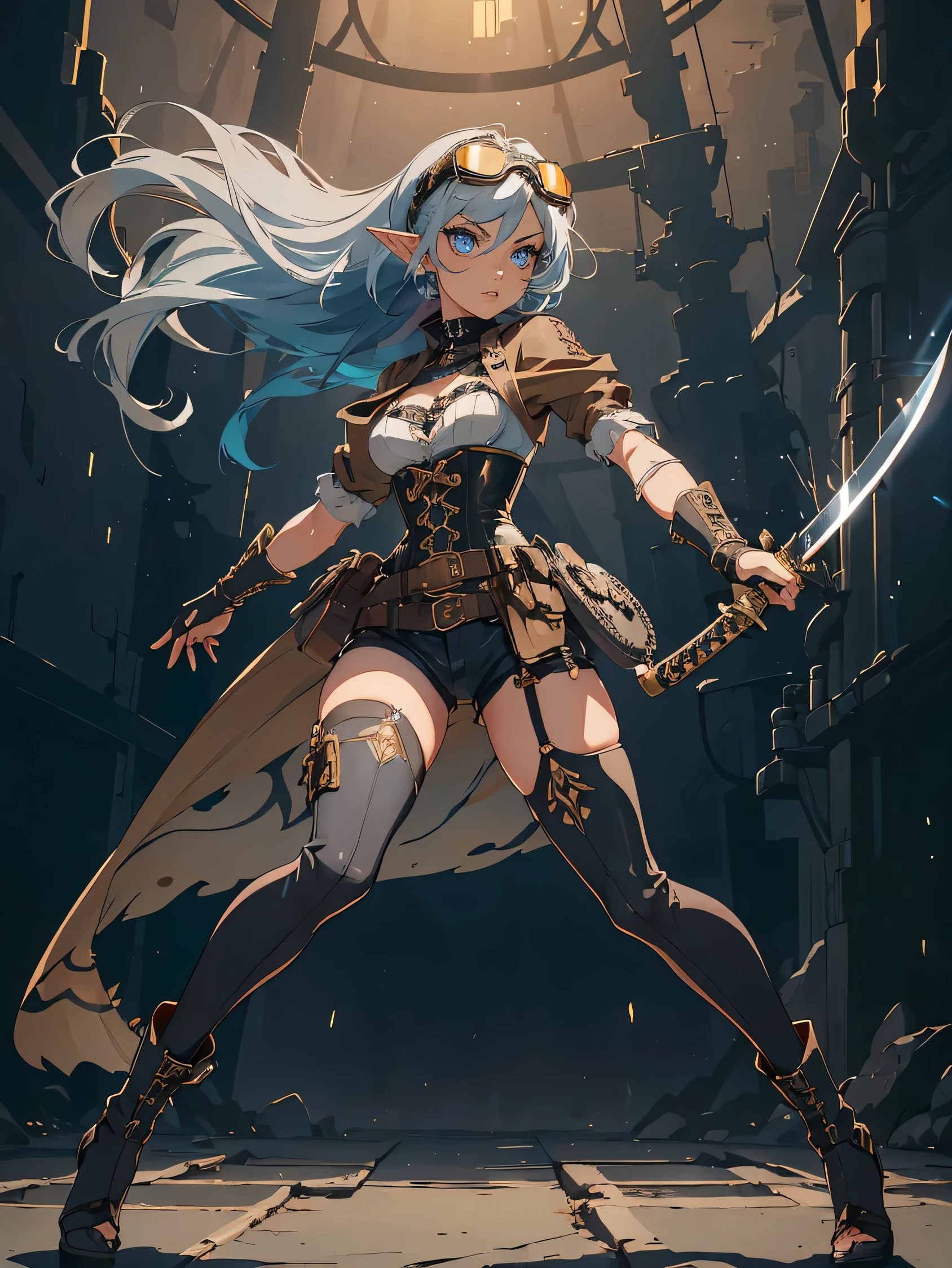 masterpiece, high quality, inside underground cave, 1_woman, ((full body)), mid-jump, mid-air, ((holding japanese katana in hand)), (exotic skin_complexion:1.4),mature, leaping at camera, tall, beautiful, exotic, with long elf ears, looking to the side, long hair, silver hair, detailed face, angry expression, anime fight pose, having diamond shaped eyes, blue eyes, (dark_eyeliner), long_eyelashes medium_bust, thigh gap, wearing Steampunk corset, chest window, (brown shorts), crossing belts, (goggles on head), red tinted goggle lenses, long fingerless_gloves, belts with metal gears, making fist, black thigh highs with embroidery, knee boots with laces, dynamic lighting casts detailed shadows