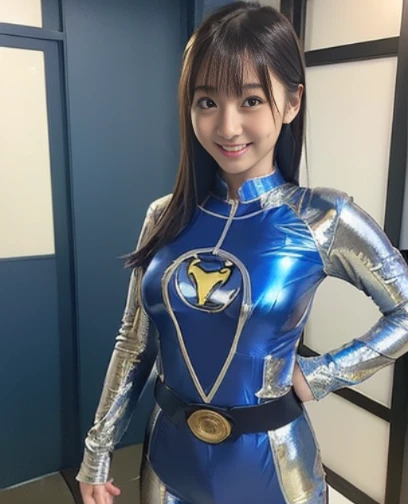 (moefive face、hurricane blue outfit, ninpuu sentai hurricanger, white belt, no helmet, blue spandex tight costume, ultra best quality、8K、masterpiece、delicate illustration、wetting hair、 standing:1.2、full body Esbian:1.1、A beautiful and bewitching Japanese 25-year-old woman、Shocking blue metallic hero suit with a futuristic fit:1.3) 、（very plump body:1.2、ultra gigantic tits:1.4）、smiling at the viewer、Short dark-haired