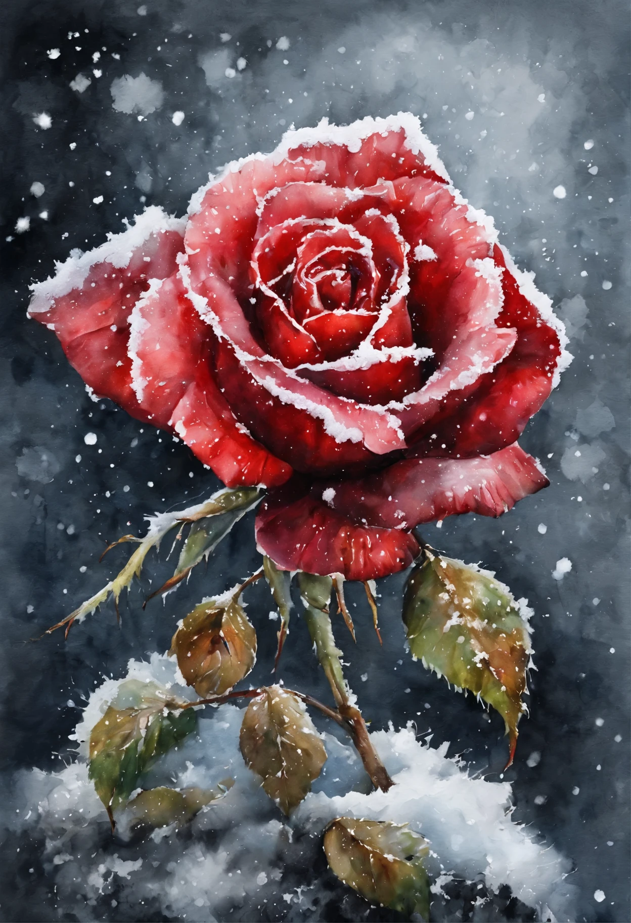 HD，masterpiece，Official artistic aesthetics。(((watercolor painting：1.37.ink：1.2))).(((winter，A red rose covered with snow，snow on petals)))。Watercolor paper overlay texture，Wet painting method，splash，Water marks。dark background，Large aperture，facula，contrast between warm and cold，perfect composition。artistic creativity：1.37。famous，International award-winning works。