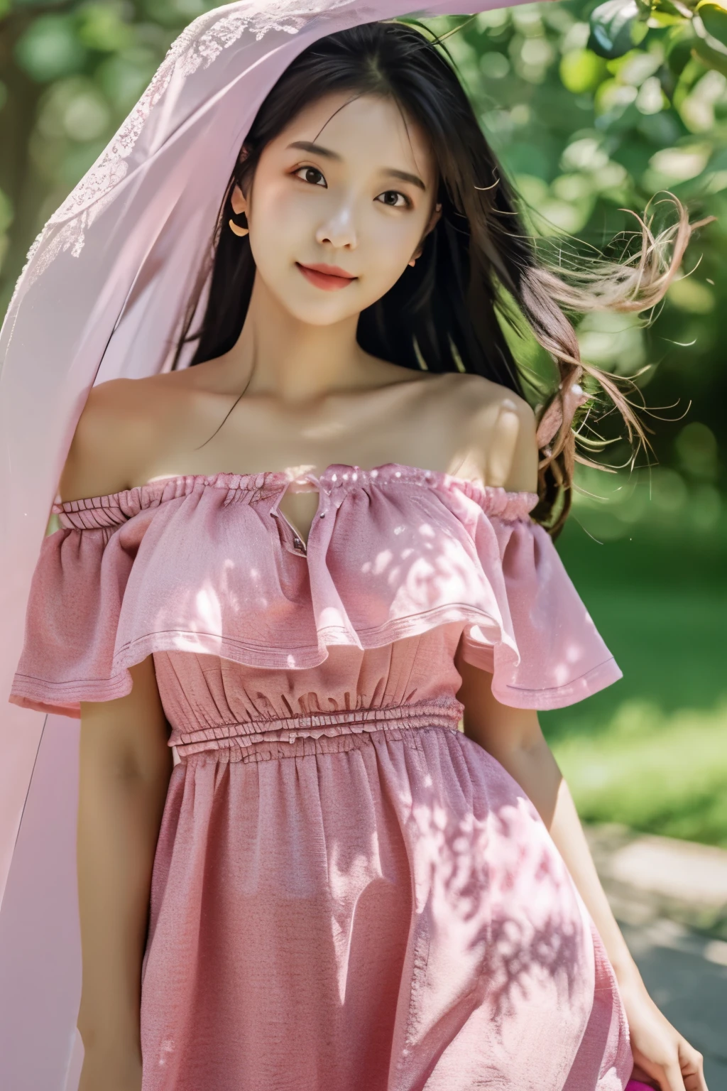 (masterpiece), (best quality), photography award winning, 1girl, long dress, off shoulder, sexy, posing, smile, outdoor, sunny, windy, portrait