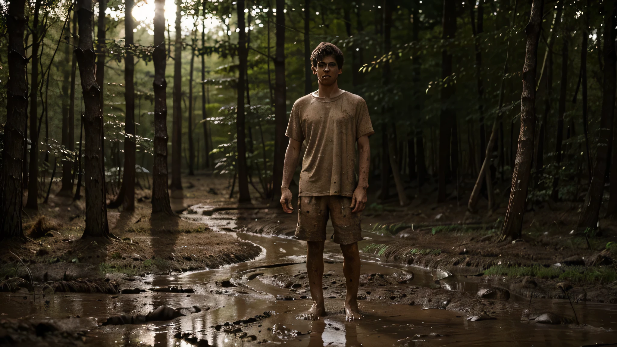 a weird man barefoot, and his arms and legs were covered with crusted mud. His hands in a weird, cramped position,standing in a forest at night wearing clothes