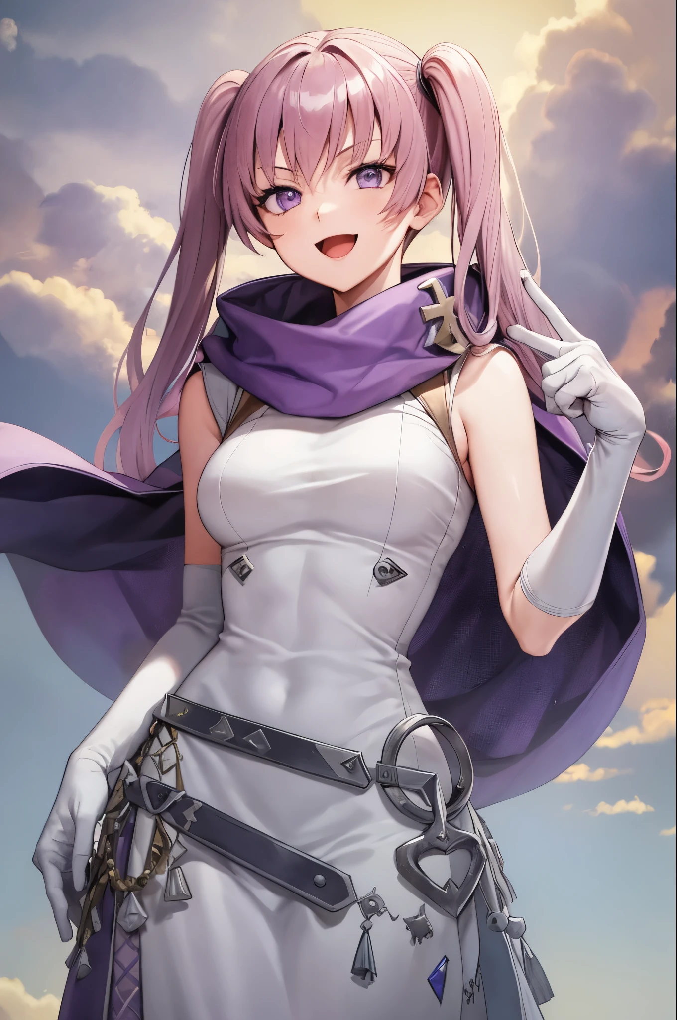 masterpiece, best quality, serra, purple eyes, long white dress, sleeveless, elbow gloves, purple scarf, belt, cowboy shot, furrowed brow, smile, open mouth, looking at viewer, pointing at viewer, sky, clouds, village 