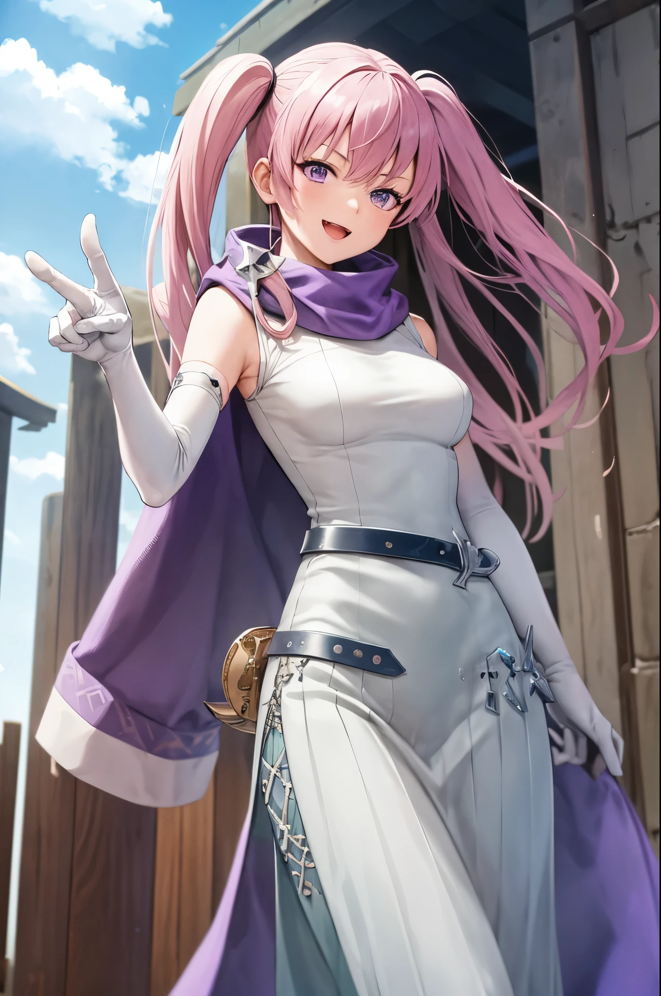 masterpiece, best quality, serra, purple eyes, long white dress, sleeveless, elbow gloves, purple scarf, belt, cowboy shot, furrowed brow, smile, open mouth, looking at viewer, pointing at viewer, sky, clouds, village 