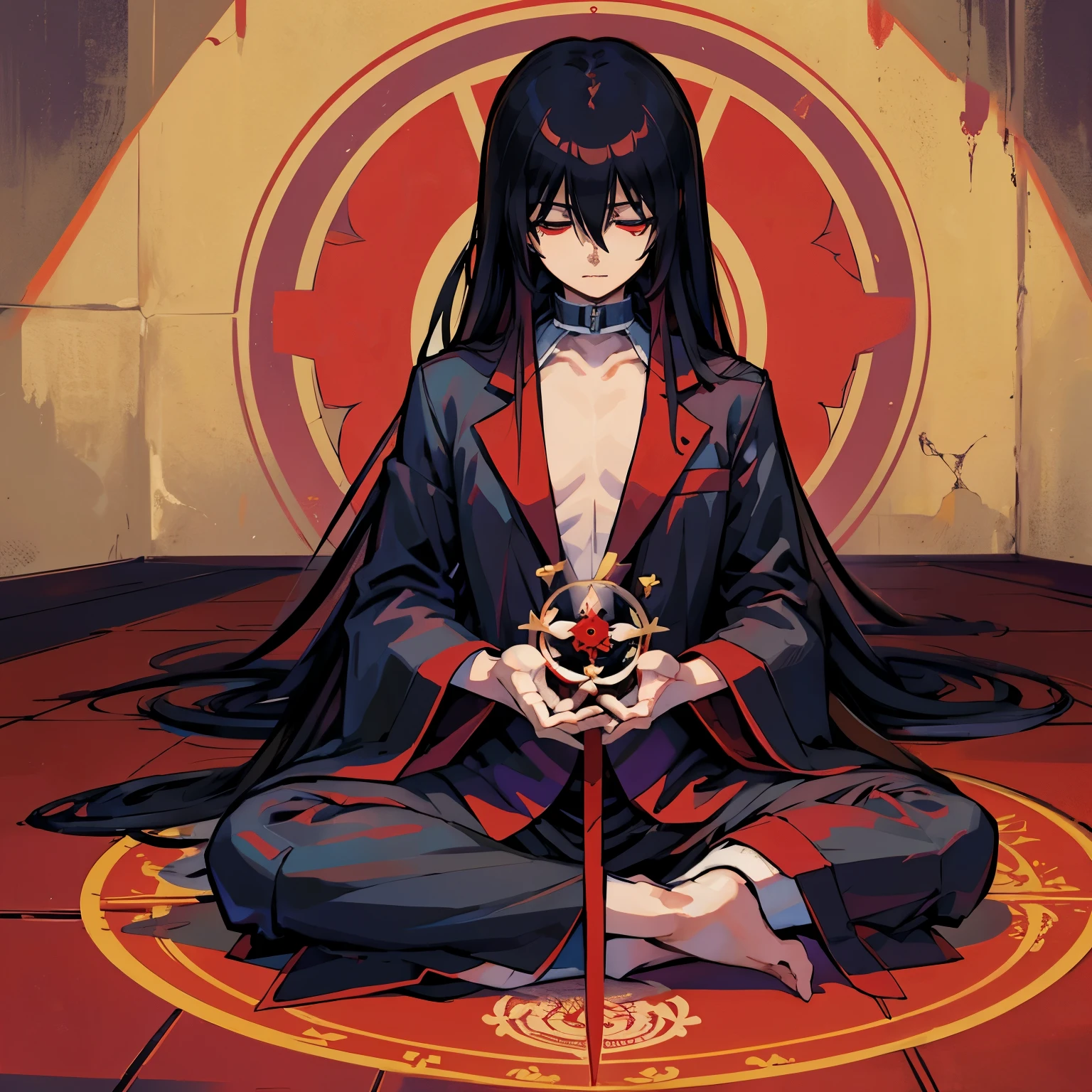 Hellsing　Alucard　male person　black haired　meditate on the floor　closed both eyes　Blood background mandala