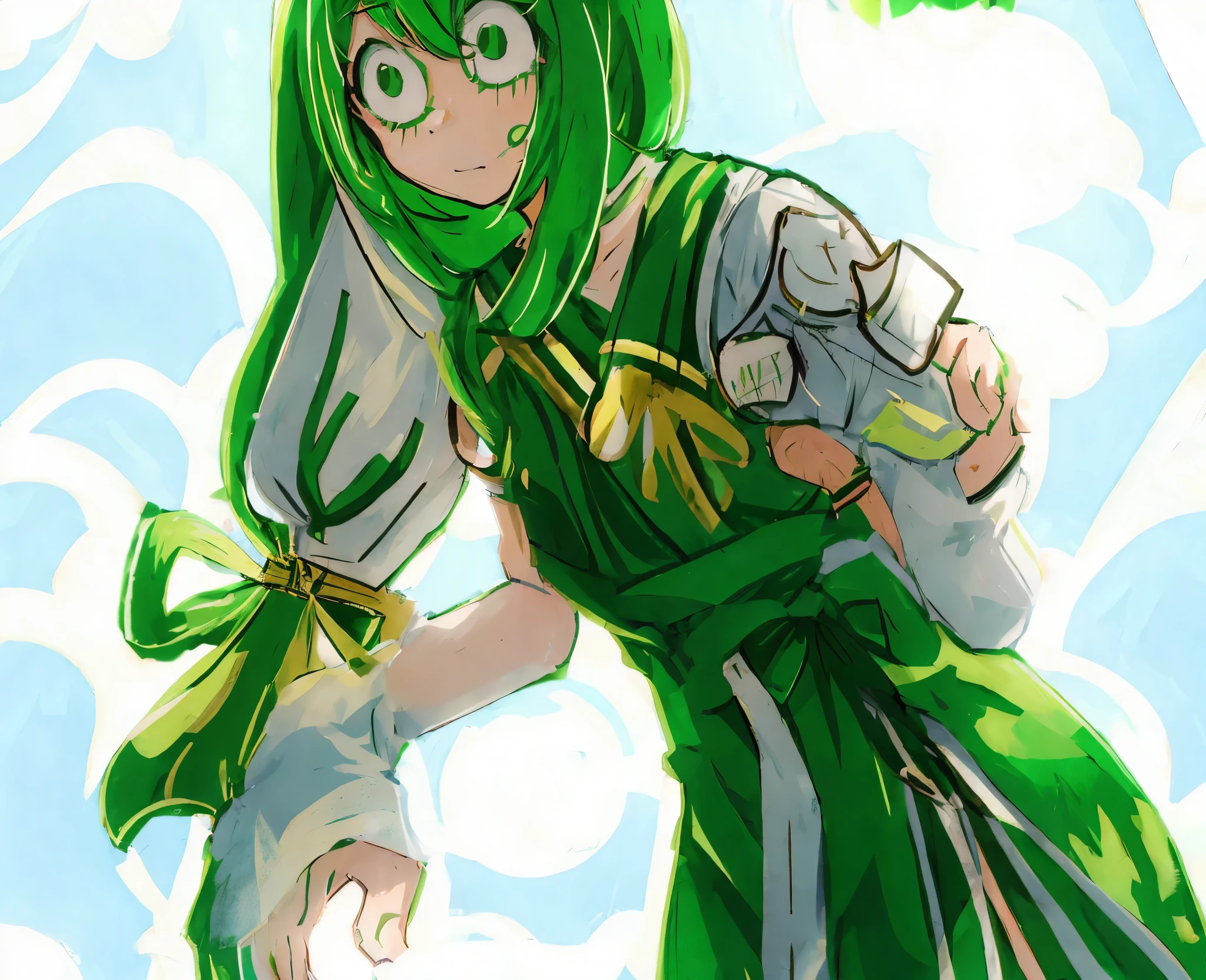 Anime girl with green hair and green dress, made in an anime artist's studio, Palutena, Asui Tsuyu, green hair