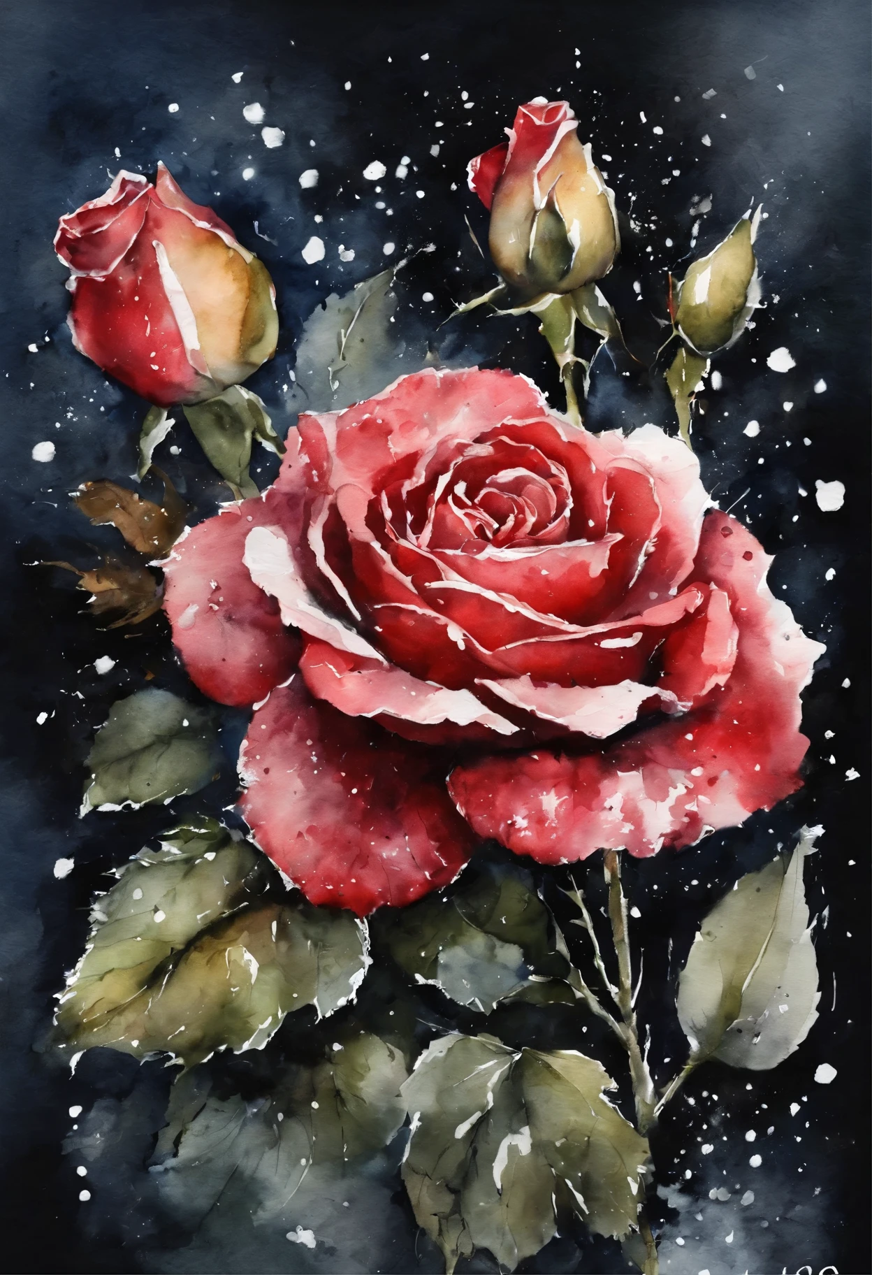 HD,masterpiece,Official artistic aesthetics。(((watercolor painting:1.5.ink:1.2))).((winter,A dry red rose covered with snow,snow on petals,broken petals and leaves,))。Watercolor paper overlay texture,Wet painting method,Smudge,splash,flowing water marks。dark background,Large aperture,facula,contrast between warm and cold,perfect composition。artistic creativity:1.37。famous,International award-winning works。