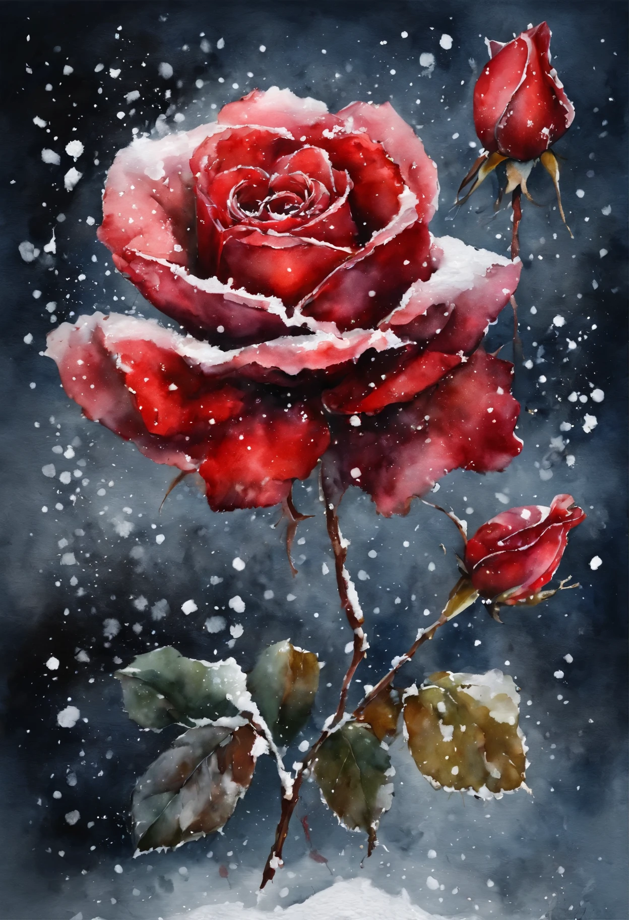HD，masterpiece，Official artistic aesthetics。(((watercolor painting：1.37.ink：1.2))).(((winter，A red rose covered with snow，snow on petals)))。Watercolor paper overlay texture，Wet painting method，splash，Water marks。dark background，Large aperture，facula，contrast between warm and cold，perfect composition。artistic creativity：1.37。famous，International award-winning works。