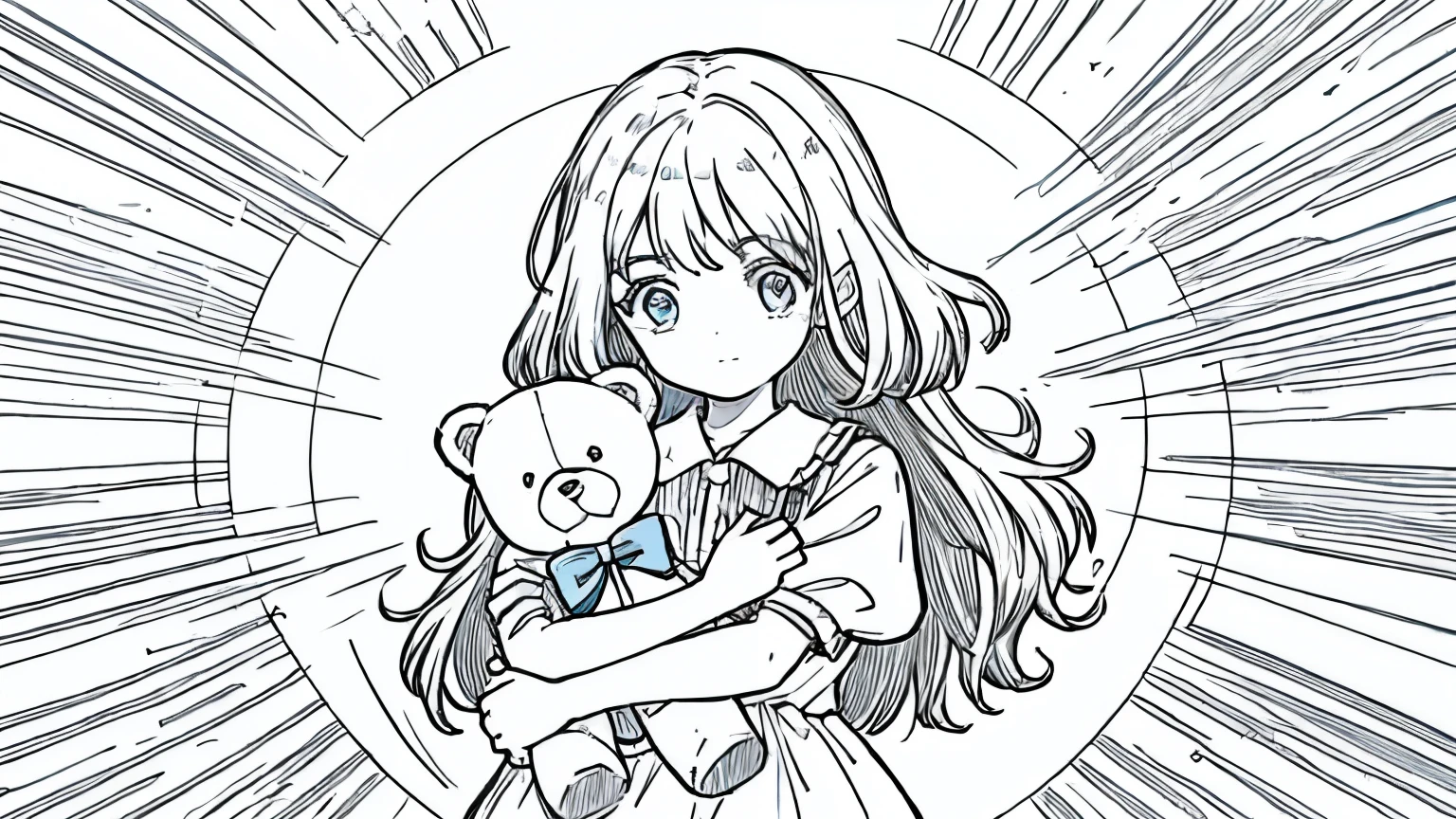 (Imagem de alta qualidade) imagem no estilo lineart, image of a  girl holding a teddy bear in her hands 