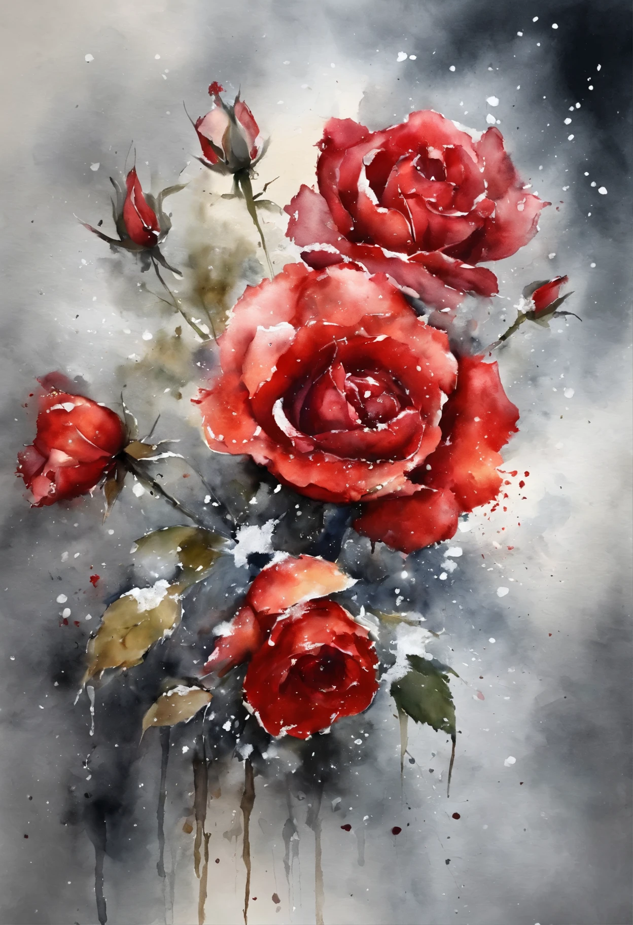 HD，masterpiece，Official artistic aesthetics。(((watercolor painting：1.37.ink：1.2))).(((winter，A red rose covered with snow，snow on petals)))。Watercolor paper overlay texture，Wet painting method，splash，Water marks。dark background，Large aperture，facula，contrast between warm and cold，perfect composition。artistic creativity：1.37。famous，International award-winning works。