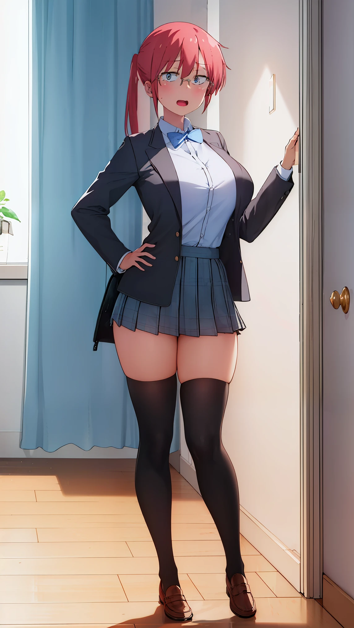 kobayashi_kobayashisanchinomaidragon, glasses, red_hair, blush, ponytail, bangs, closed_mouth, brown_eyes,
(day:1.7), in a room with curtains on the windows,indoors, Standing at attention
1 girl, 20yo,YOUNG female,Beautiful Finger, Beautiful long legs ,Beautiful body ,Beautiful Nose ,Beautiful character design, perfect eyes, perfect face,
an anime/cartoon character wearing a girls school uniform walking upright with straight posture and an open mouth, 1girl, solo, thighhighs, jacket, blue eyes, white background, ahoge, long hair, white thighhighackground, hand on hip, full body, bow, school uniform, looking at viewer, bowtie, shoes, loafers, ribbon
looking at viewer, in the center of the image, under butt
official art, extremely detailed CG unity 8k wallpaper, perfect lighting,Colorful, Bright_Front_face_Lightinasterpiece:1.0),(best_quality:1.0), ultra high res,4K,ultra-detailed,
photography, 8K, HDR, highres, absurdres:1.2, Kodak portra 400, film grain, blurry background, bokeh:1.2, lens flare, (vibrant_color:1.2)
, (beautiful_face:1.5),(narrow_waist), (Beautiful,Huge_Breasts:1.3)
