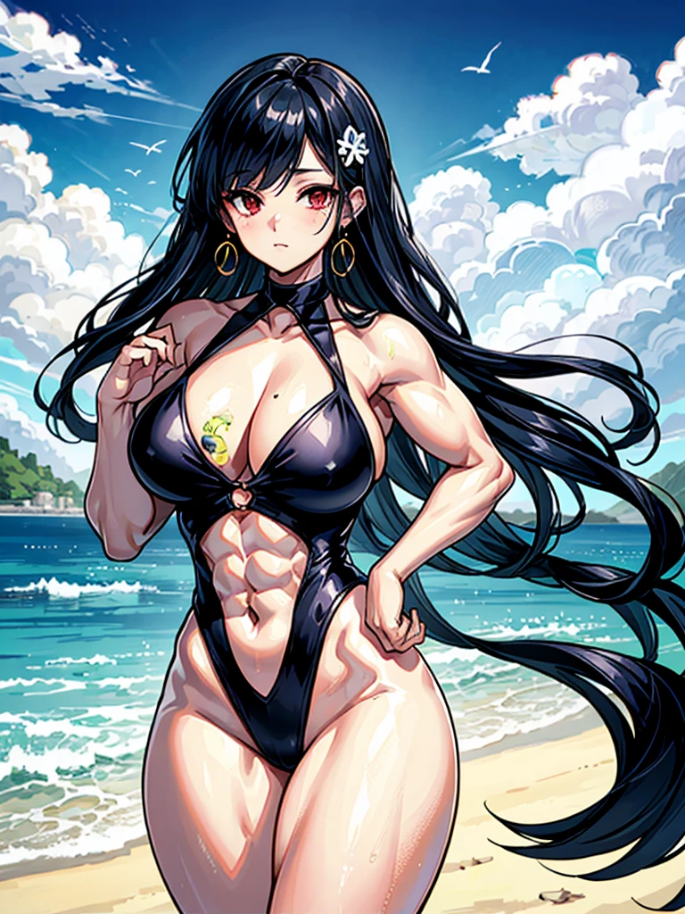 (((masterpiece、Highest image quality、highest quality、highly detailed unity 8kwallpaper)))、((Illustration of one girl))、(((beautiful girl)))、((black hair:1.4、straight hair、Very Longhair、golden hair ornament、red eyes))、(tall:1.3、stocky build:1.9, thickset physique:1.6, muscular legs:1.3, broad shoulders:1.6, solid chest:1.6)、swimsuit、sandy beach