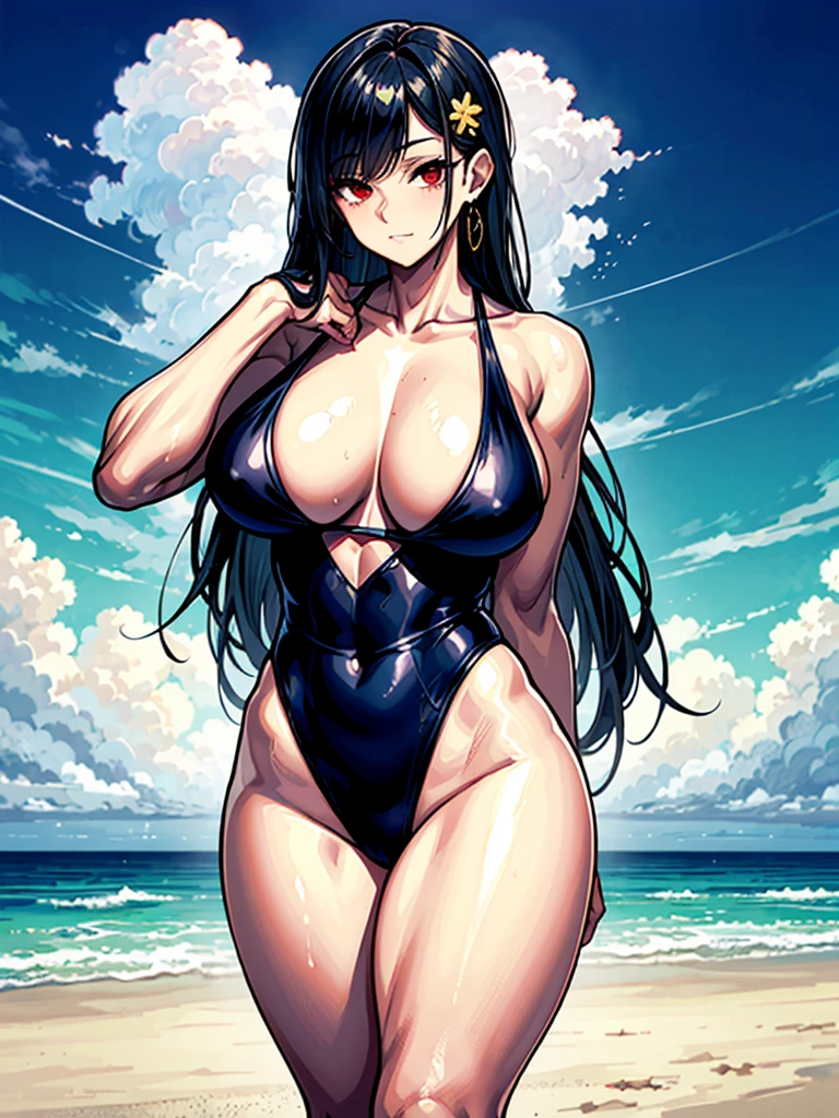 (((masterpiece、Highest image quality、highest quality、highly detailed unity 8kwallpaper)))、((Illustration of one girl))、(((beautiful girl)))、((black hair:1.4、straight hair、Very Longhair、golden hair ornament、red eyes))、(tall:1.3、stocky build:1.9, thickset physique:1.6, muscular legs:1.3, broad shoulders:1.6, solid chest:1.6)、swimsuit、sandy beach